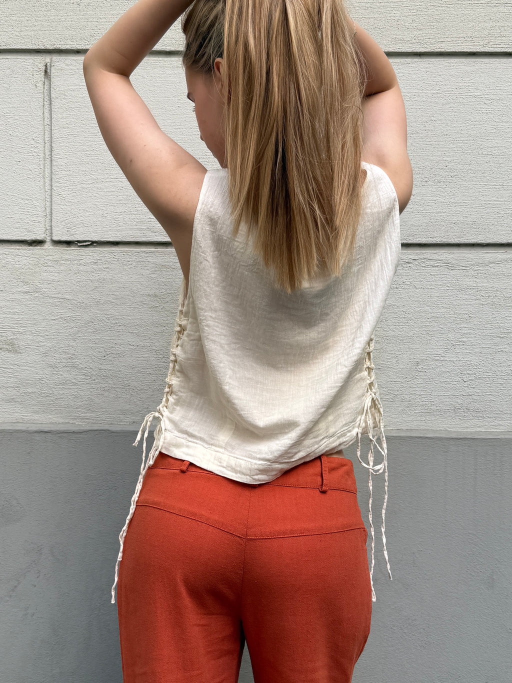 Vintage 100% Cotton Cream Lace Up Side Top S