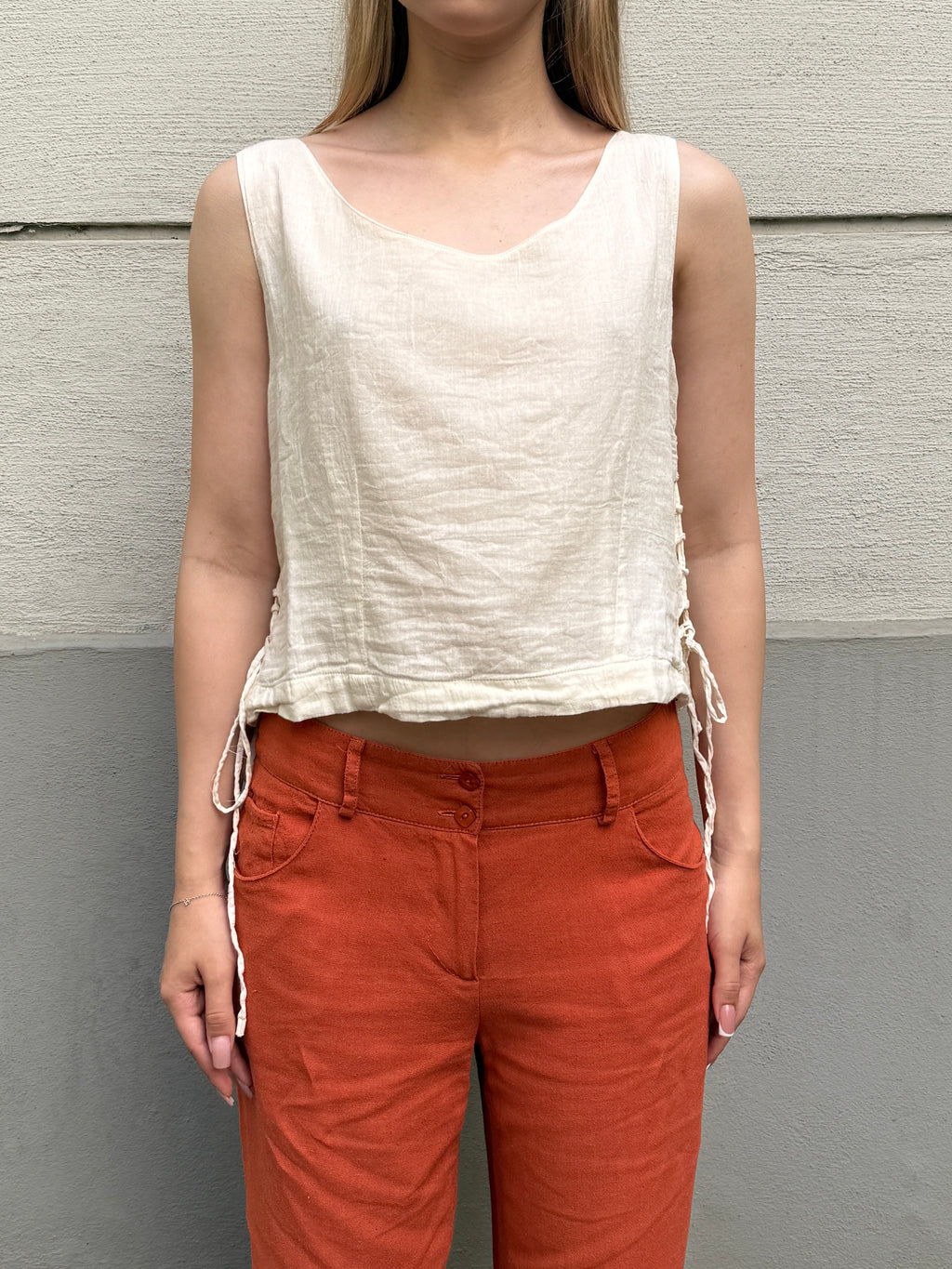 Vintage 100% Cotton Cream Lace Up Side Top S