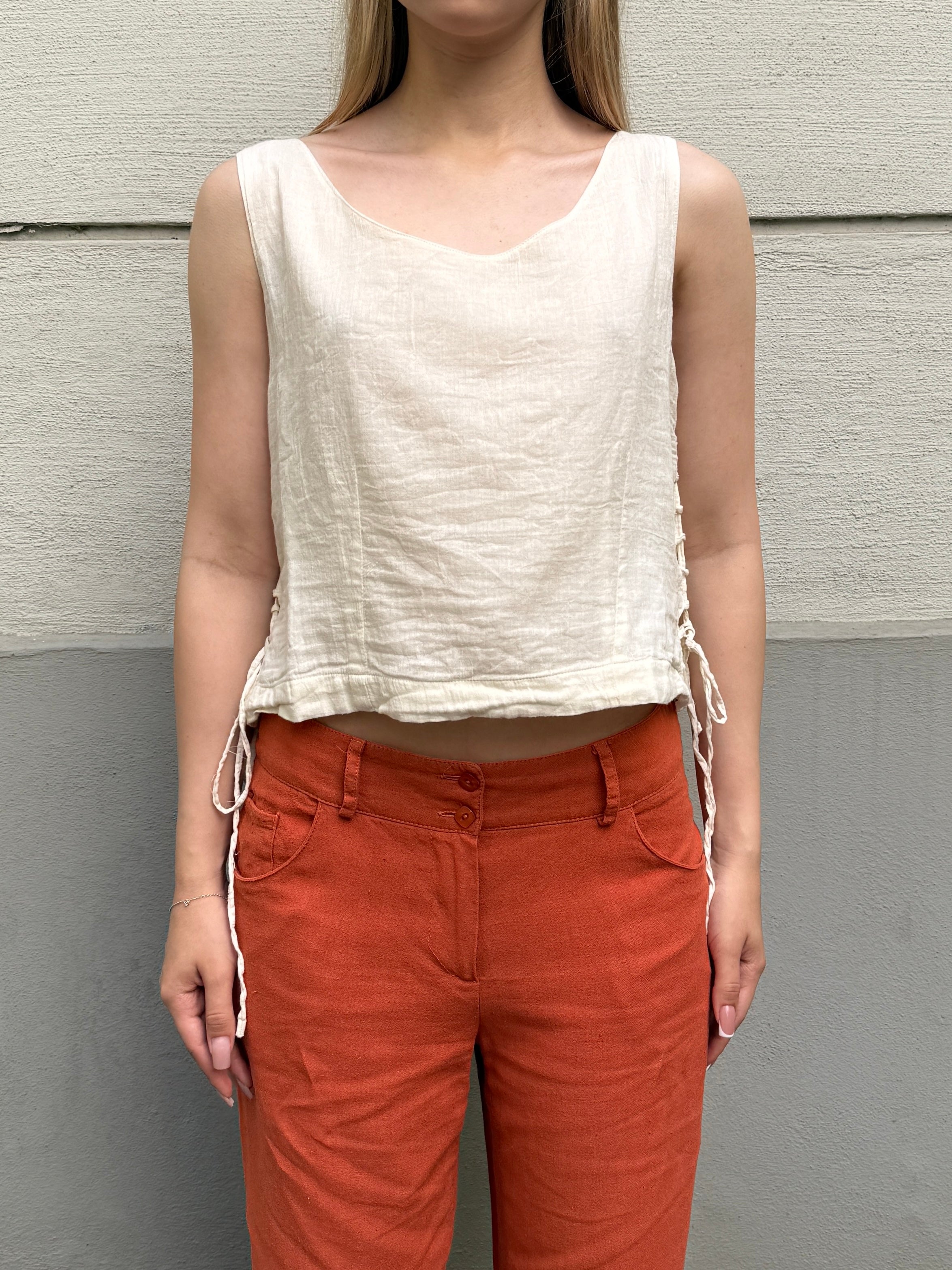 Vintage 100% Cotton Cream Lace Up Side Top S
