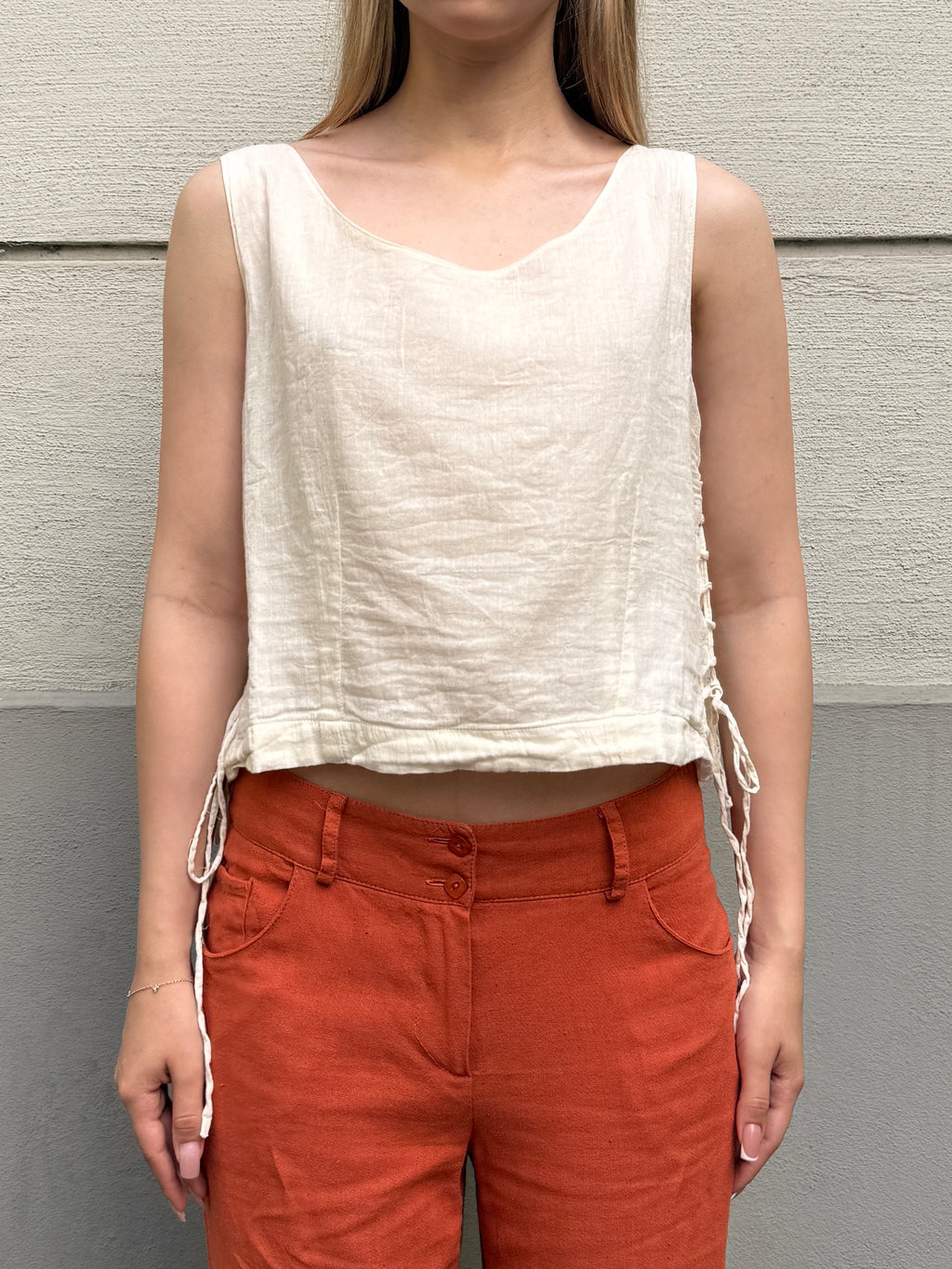 Vintage 100% Cotton Cream Lace Up Side Top S