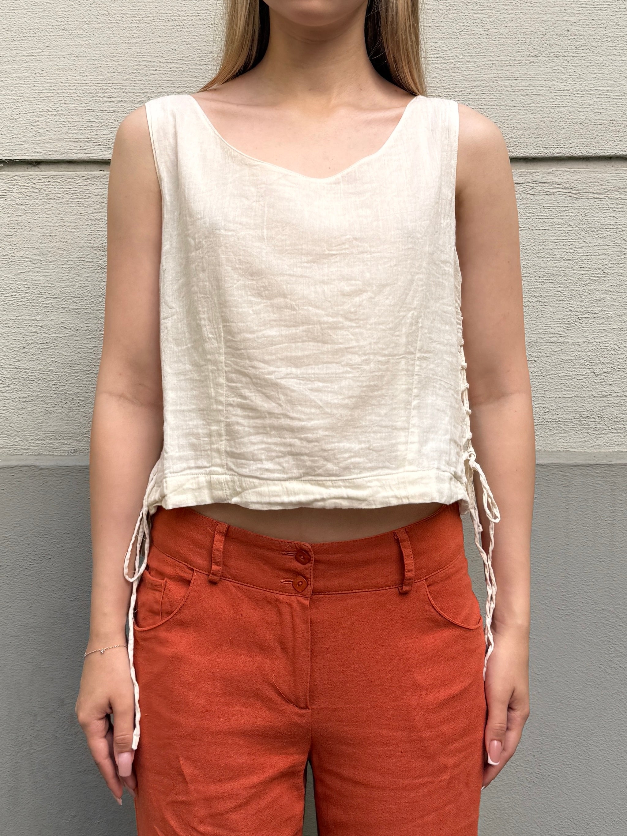 Vintage 100% Cotton Cream Lace Up Side Top S