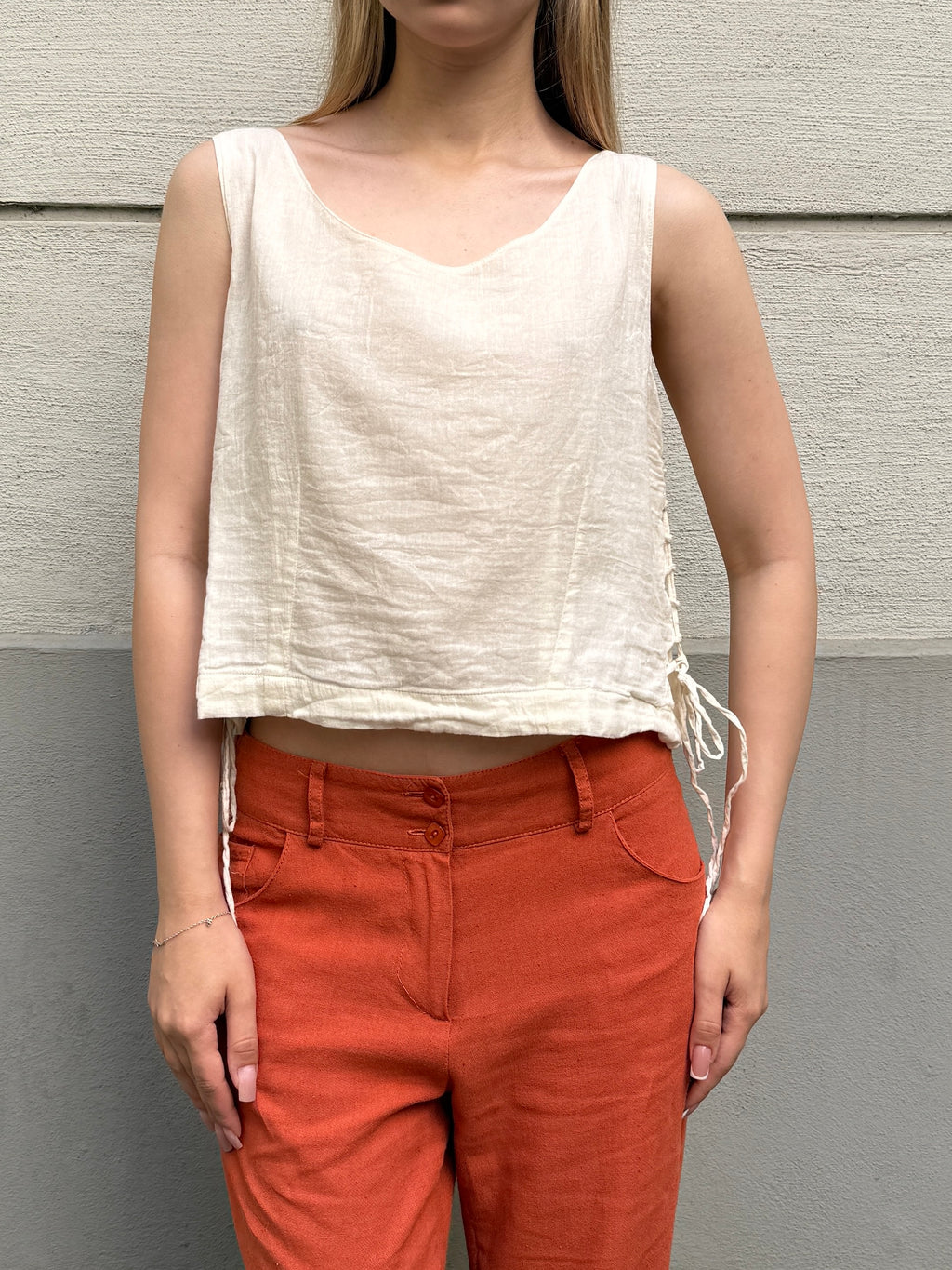 Vintage 100% Cotton Cream Lace Up Side Top S