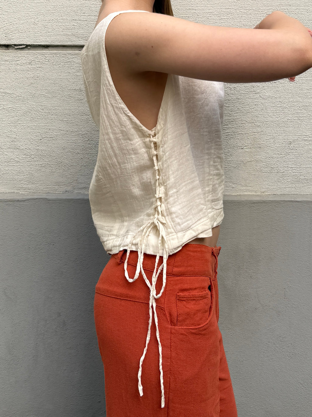Vintage 100% Cotton Cream Lace Up Side Top S