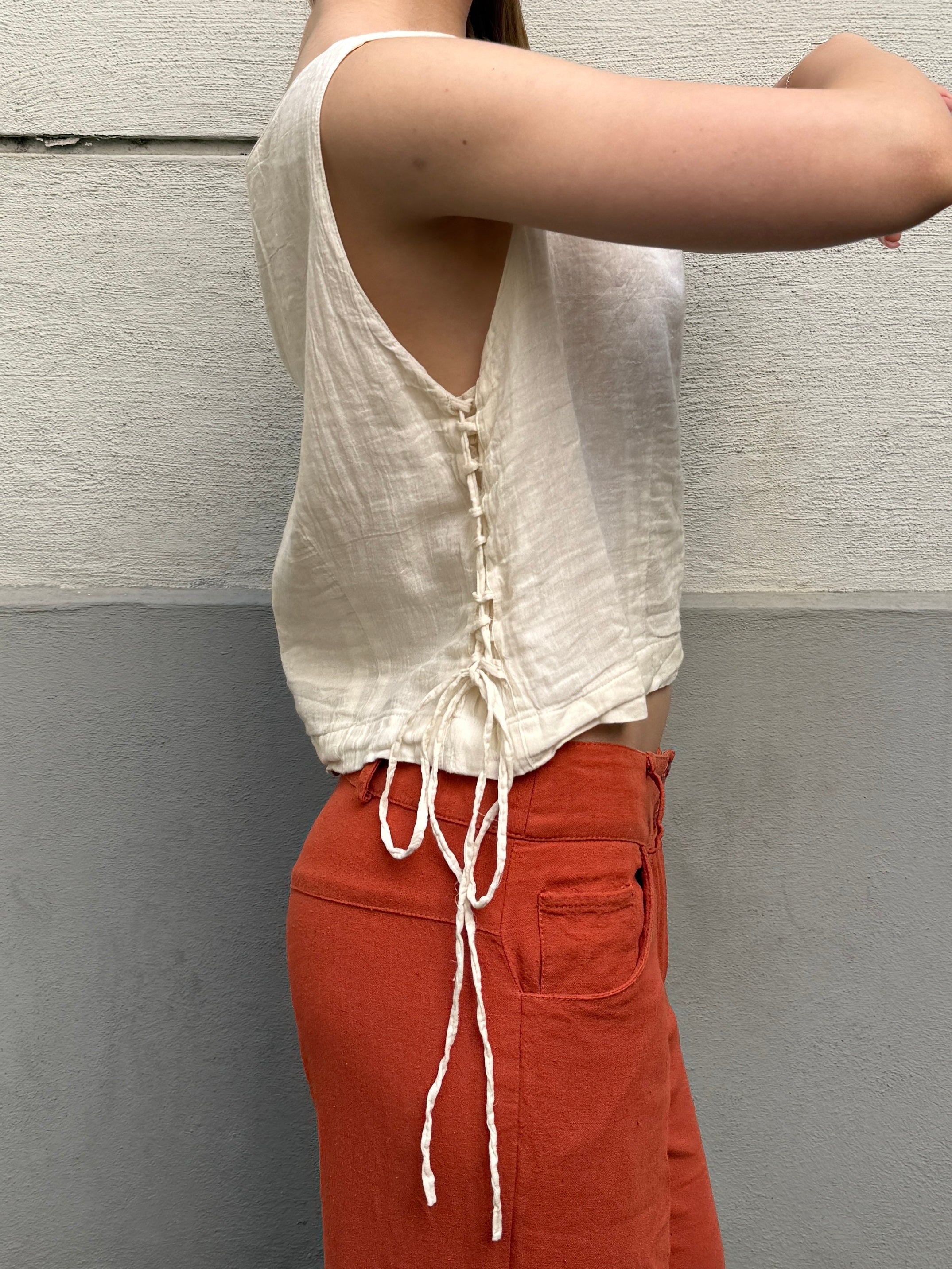 Vintage 100% Cotton Cream Lace Up Side Top S