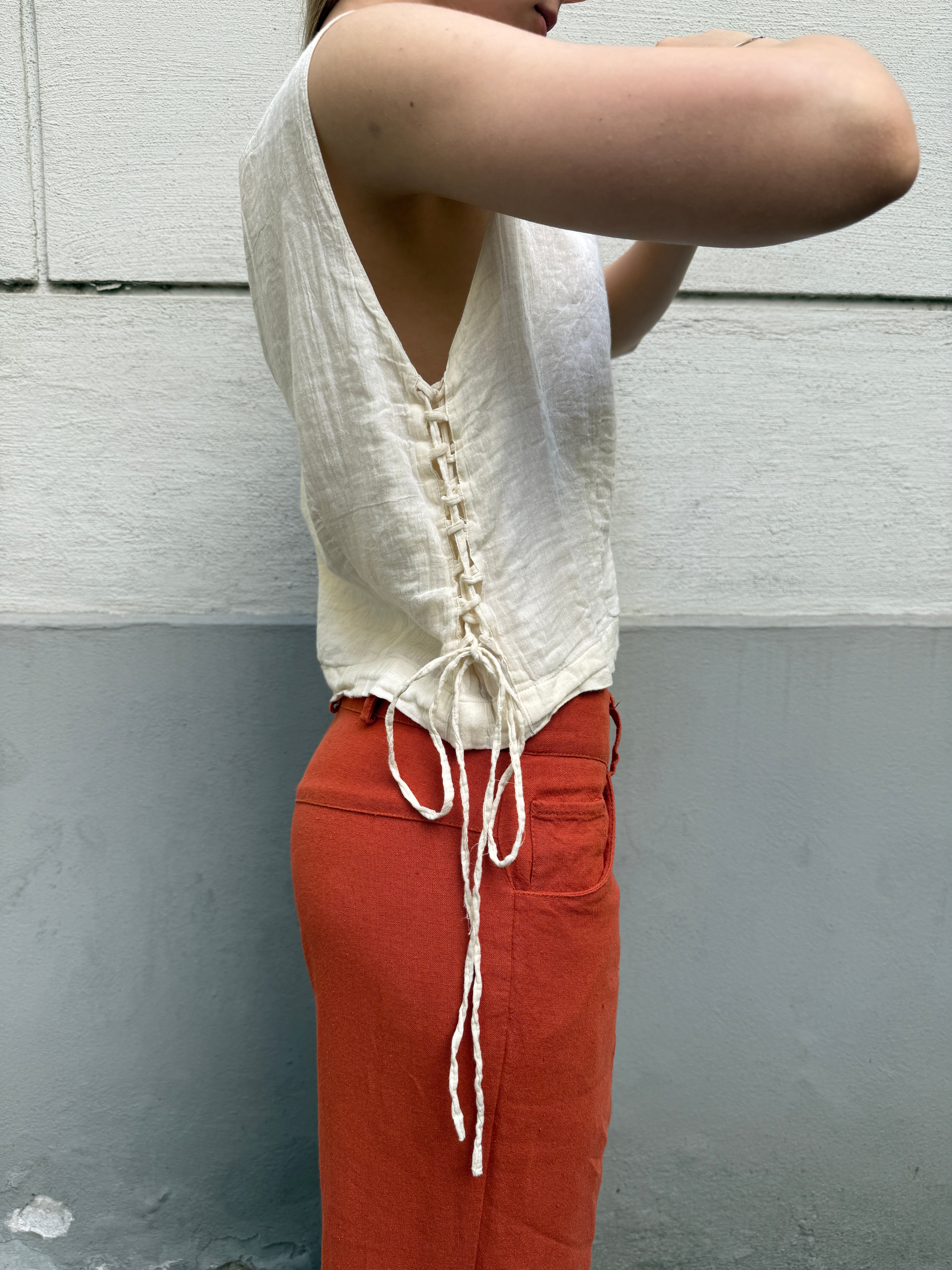 Vintage 100% Cotton Cream Lace Up Side Top S