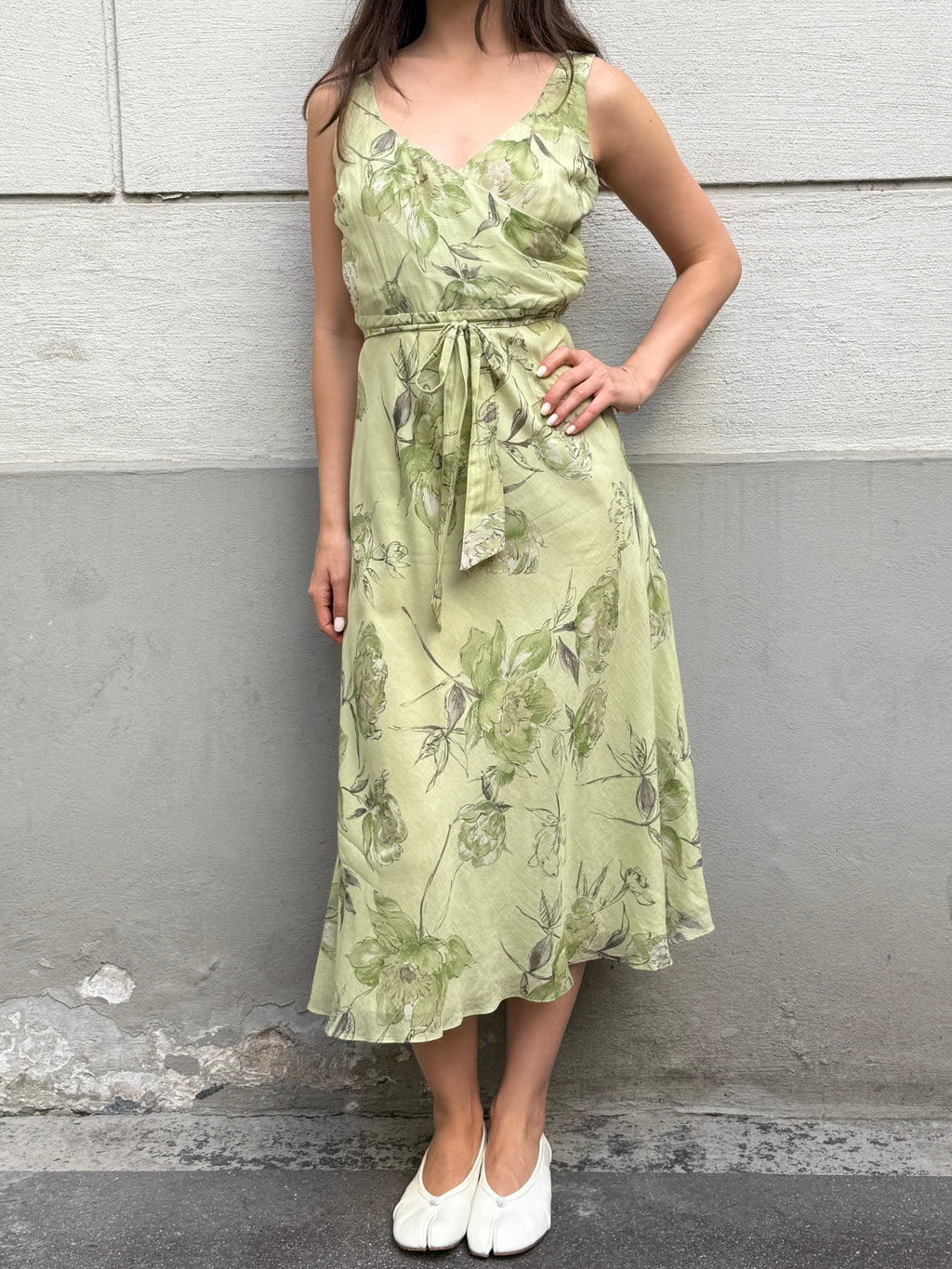 Vintage 100% Silk Green Pastel Print Midi Dress S/M