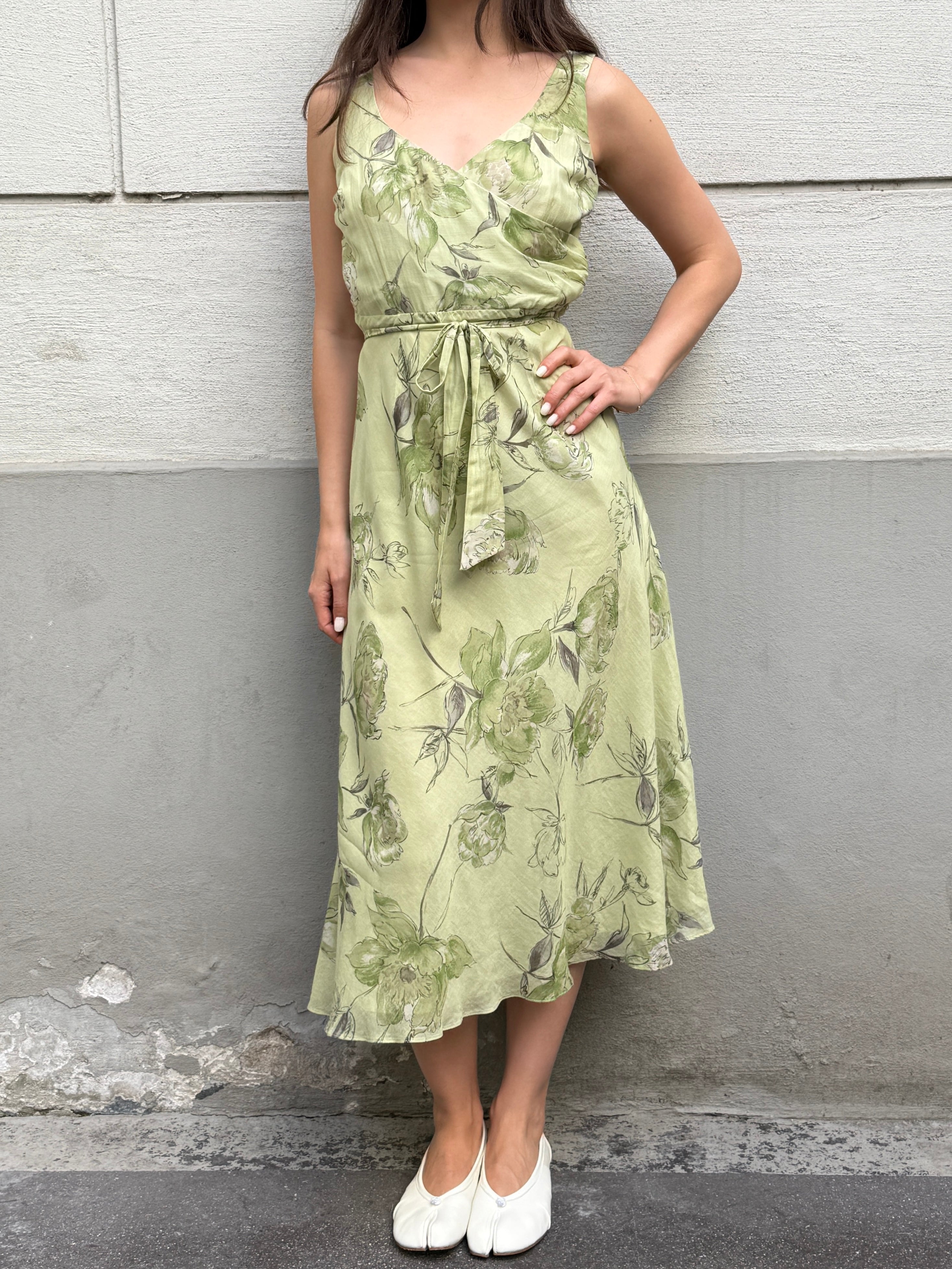 Vintage 100% Silk Green Pastel Print Midi Dress S/M