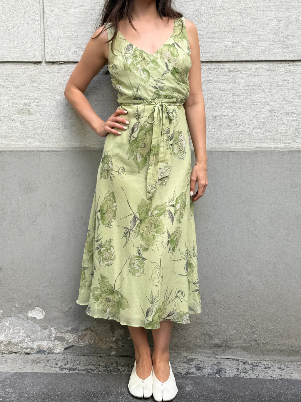 Vintage 100% Silk Green Pastel Print Midi Dress S/M
