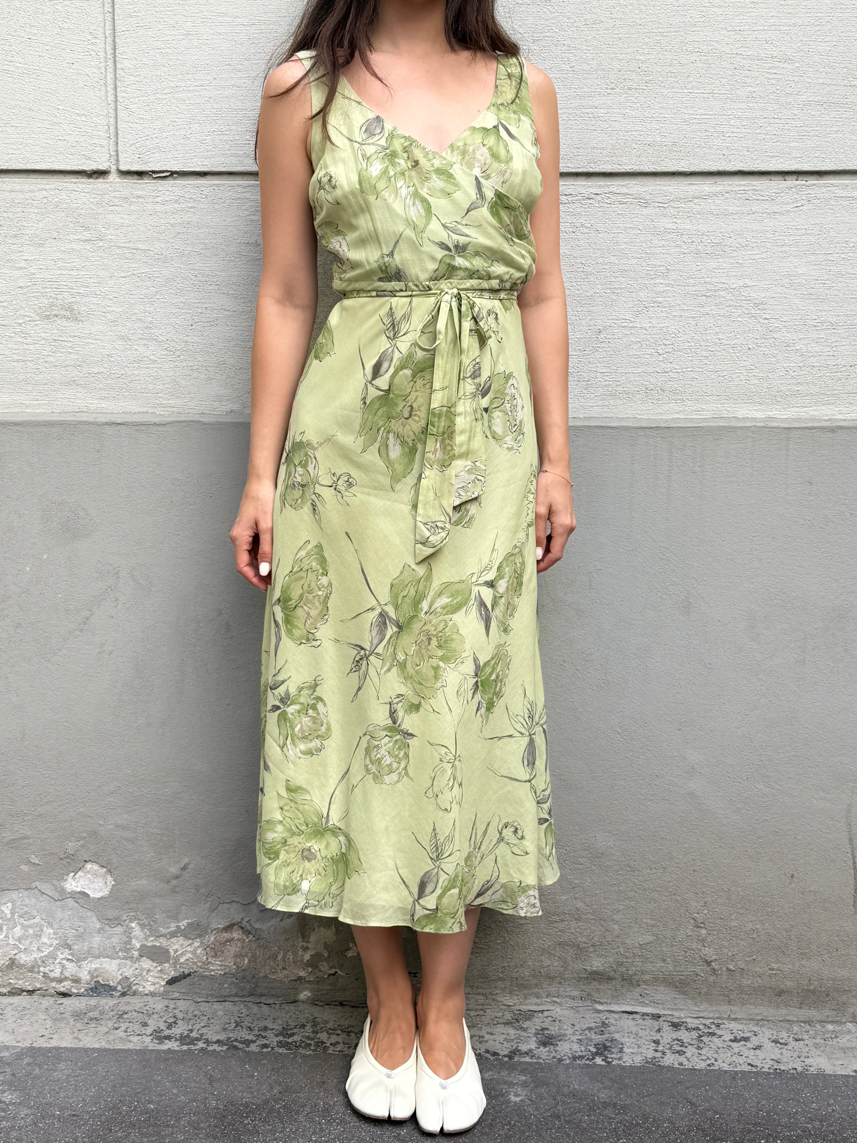 Vintage 100% Silk Green Pastel Print Midi Dress S/M
