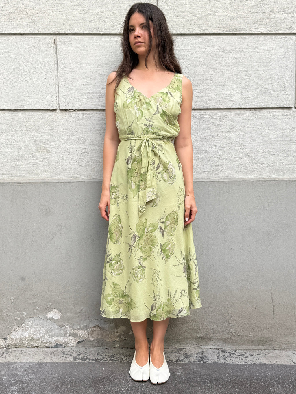 Vintage 100% Silk Green Pastel Print Midi Dress S/M