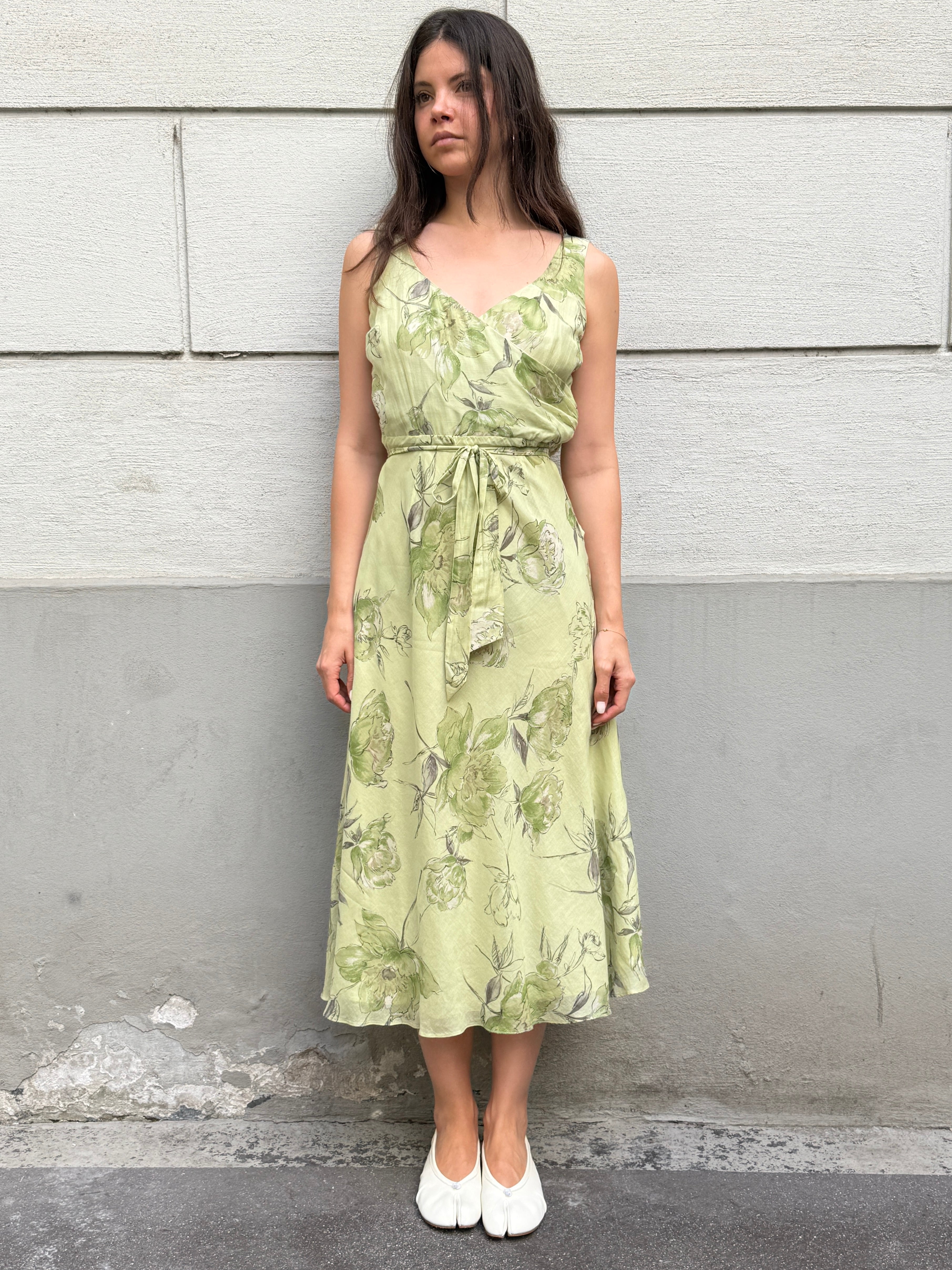 Vintage 100% Silk Green Pastel Print Midi Dress S/M