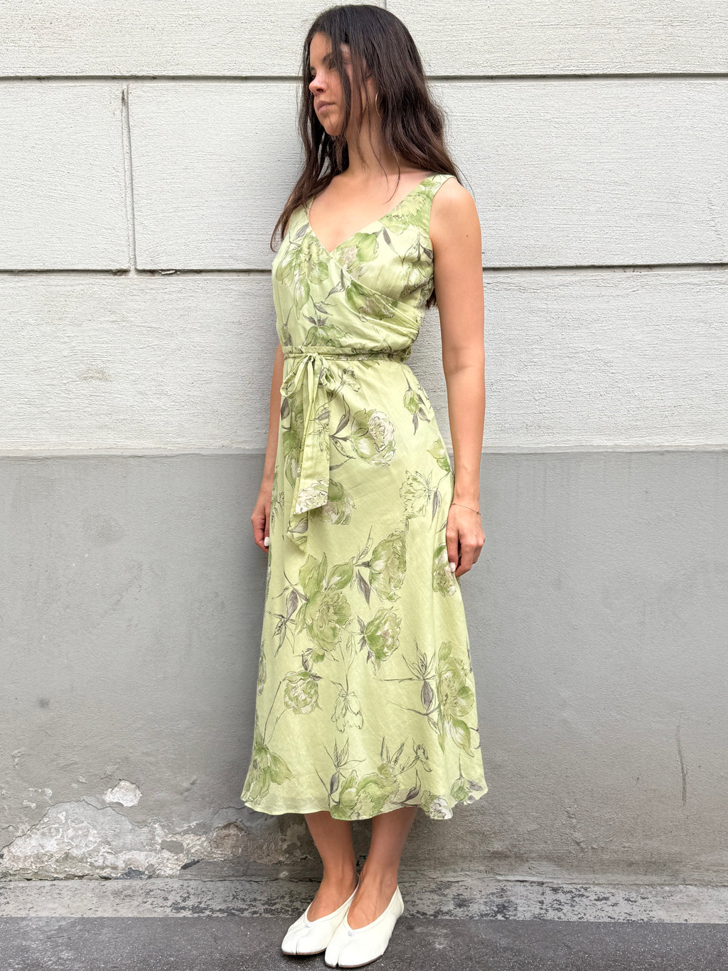 Vintage 100% Silk Green Pastel Print Midi Dress S/M