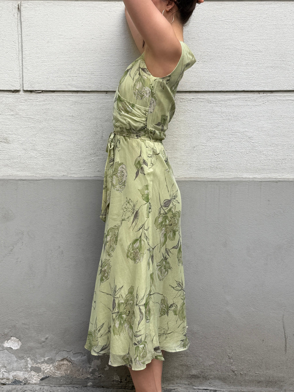 Vintage 100% Silk Green Pastel Print Midi Dress S/M