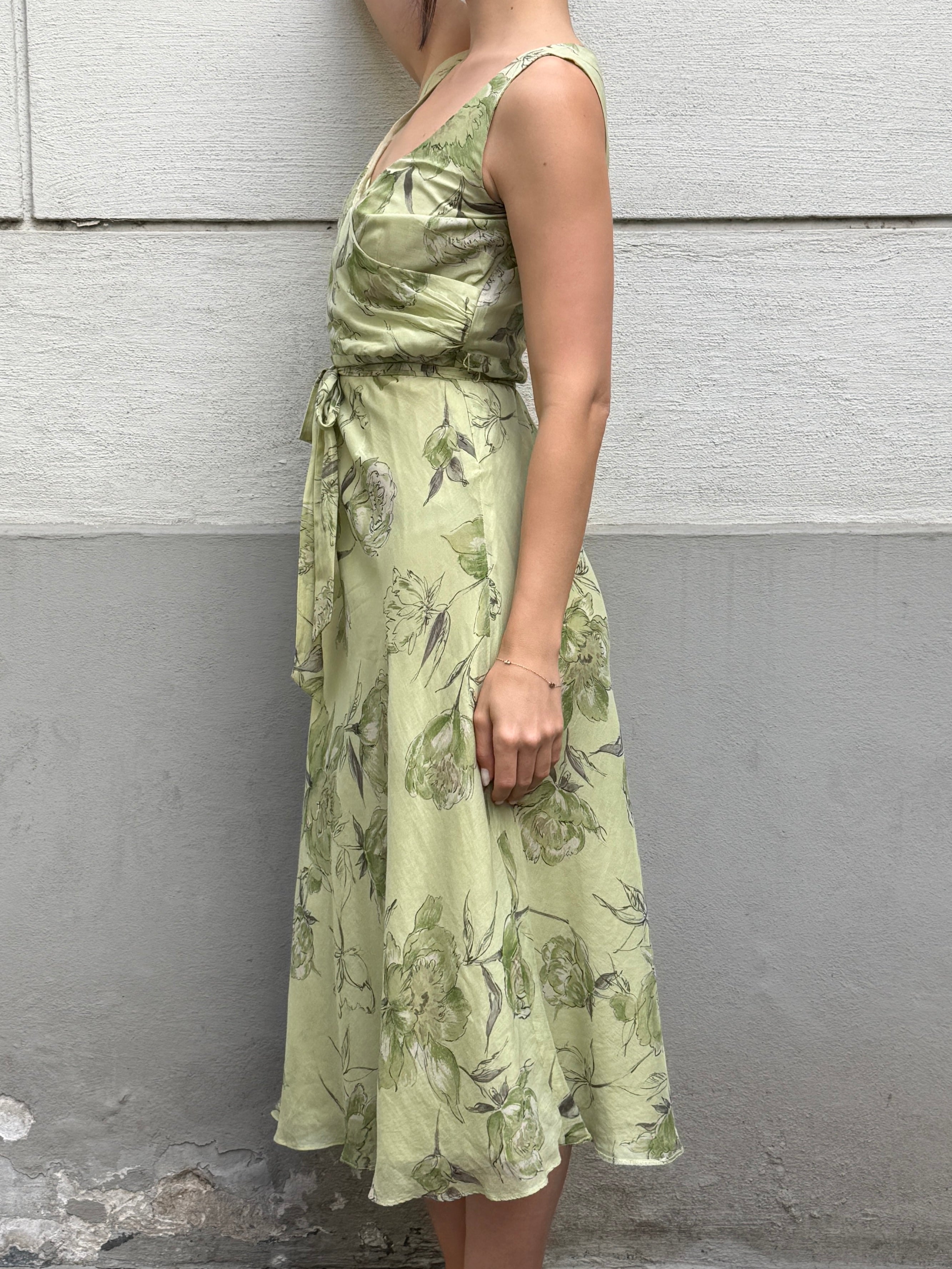 Vintage 100% Silk Green Pastel Print Midi Dress S/M