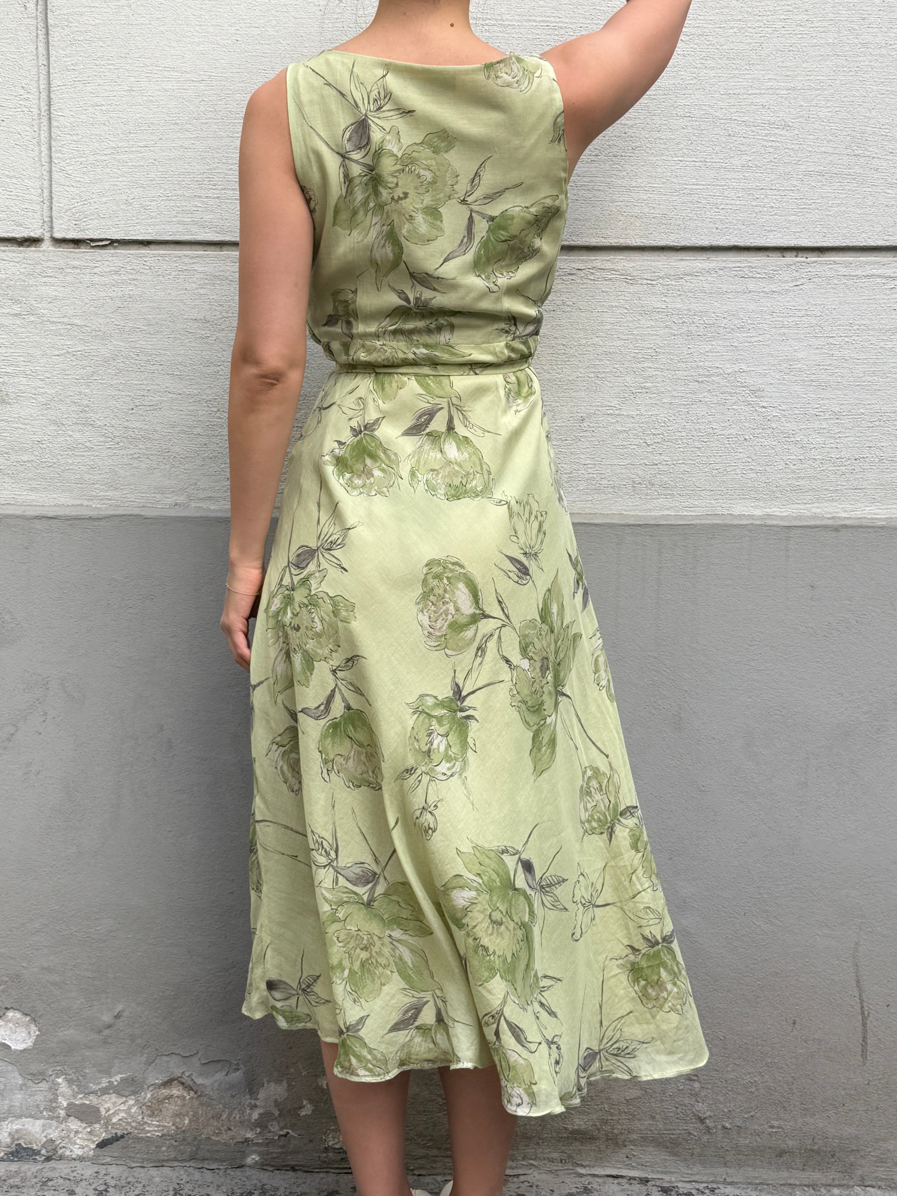 Vintage 100% Silk Green Pastel Print Midi Dress S/M