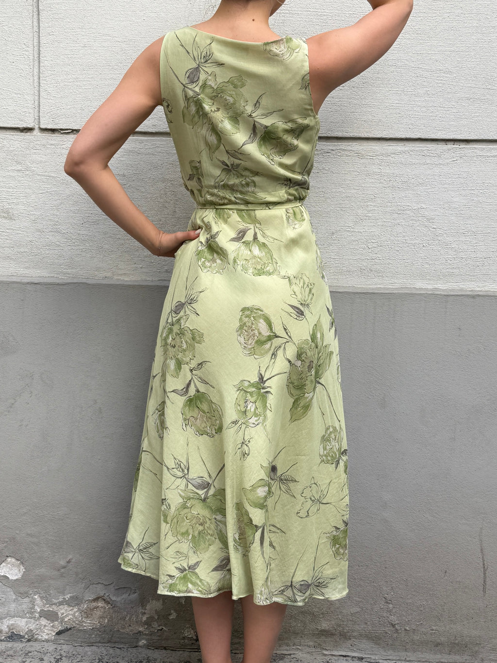 Vintage 100% Silk Green Pastel Print Midi Dress S/M
