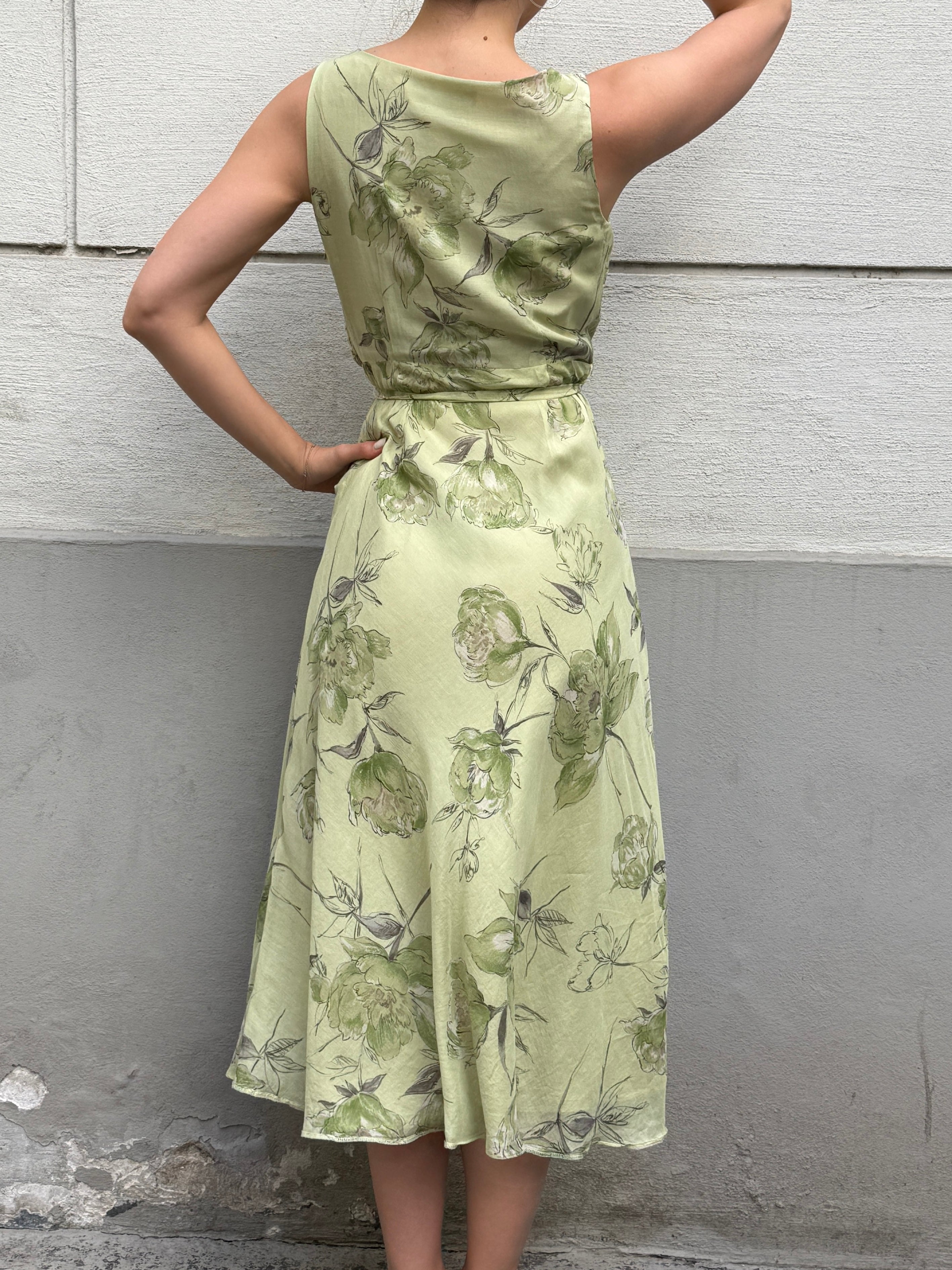 Vintage 100% Silk Green Pastel Print Midi Dress S/M