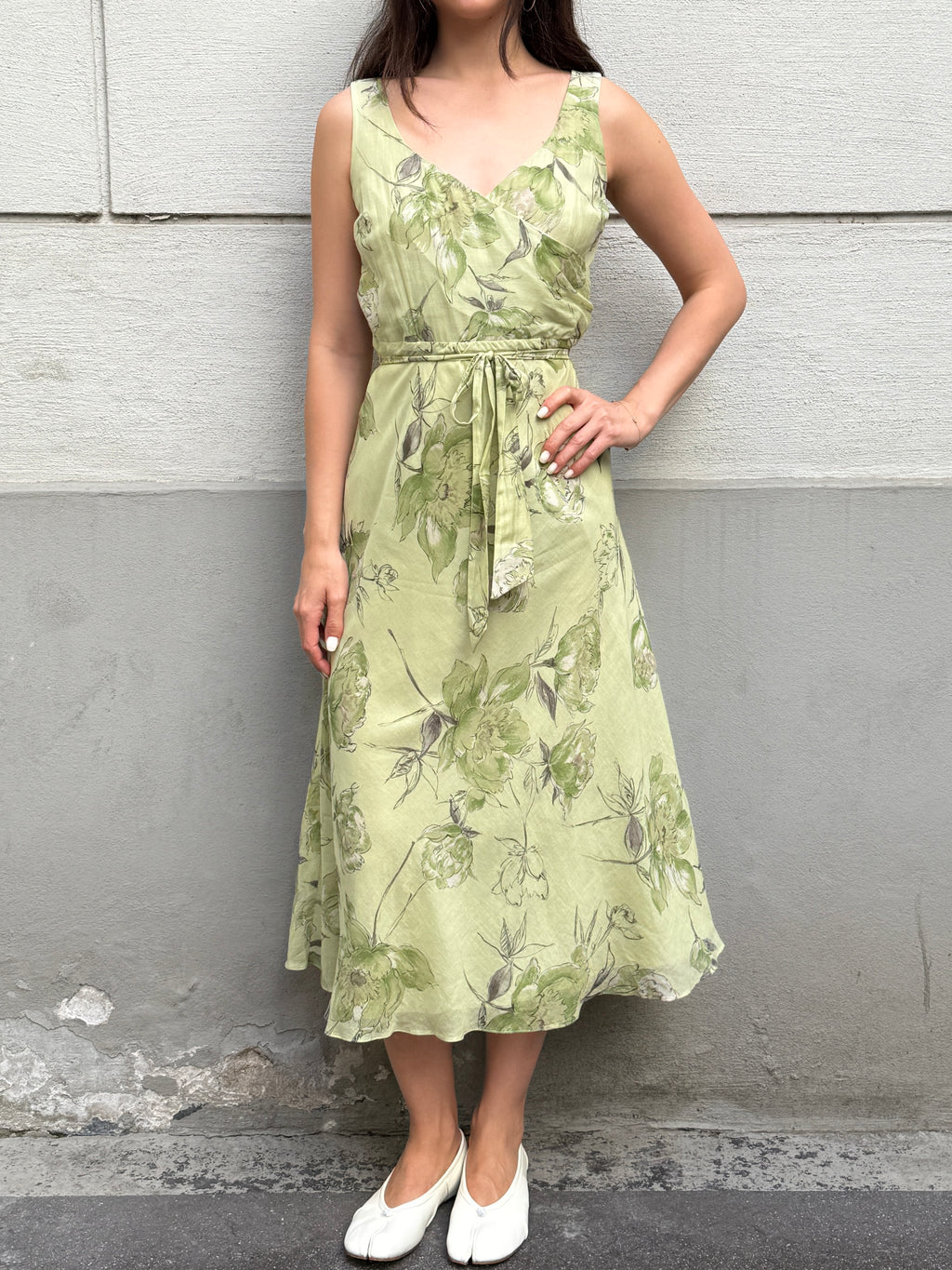 Vintage 100% Silk Green Pastel Print Midi Dress S/M