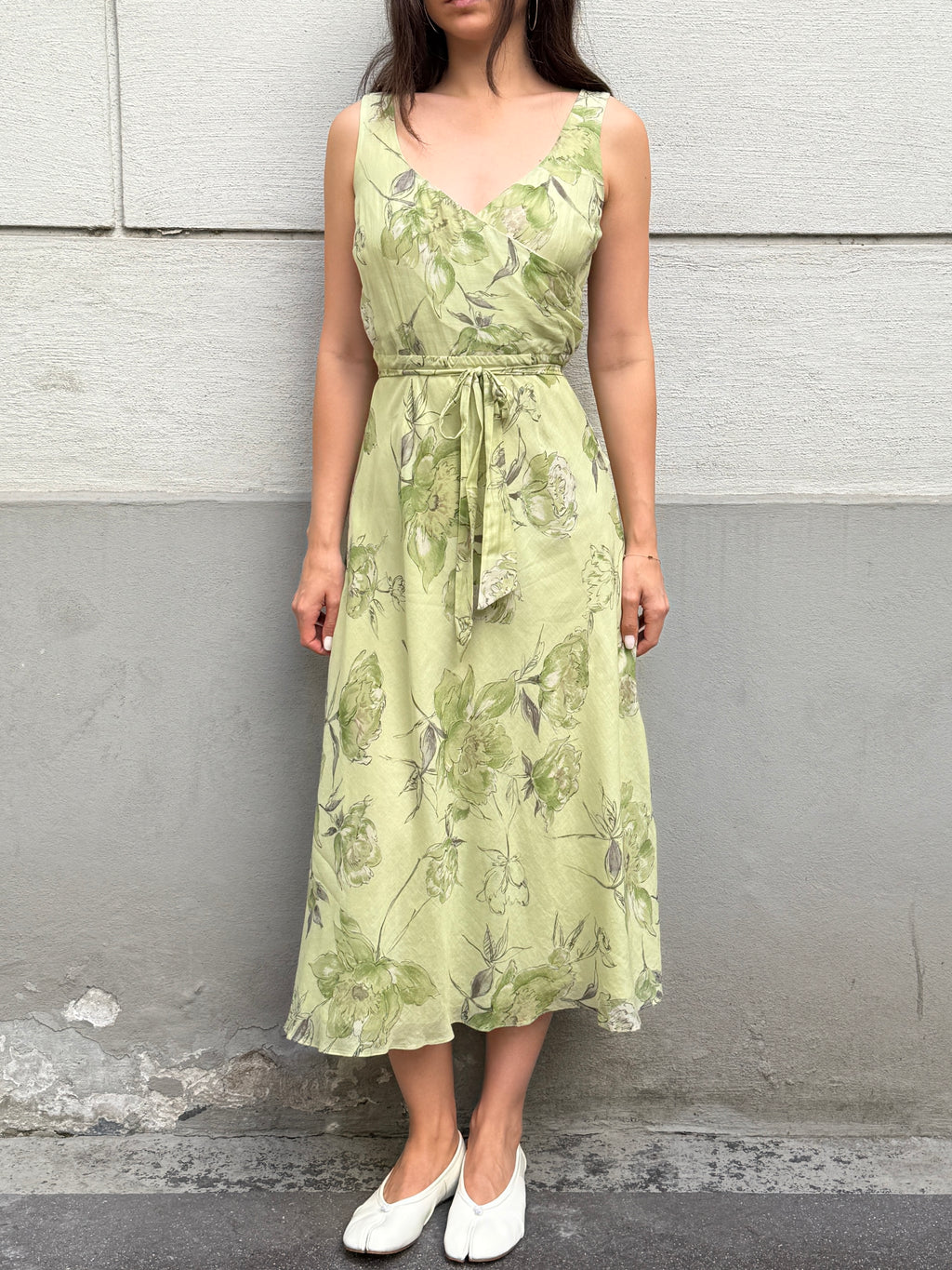 Vintage 100% Silk Green Pastel Print Midi Dress S/M
