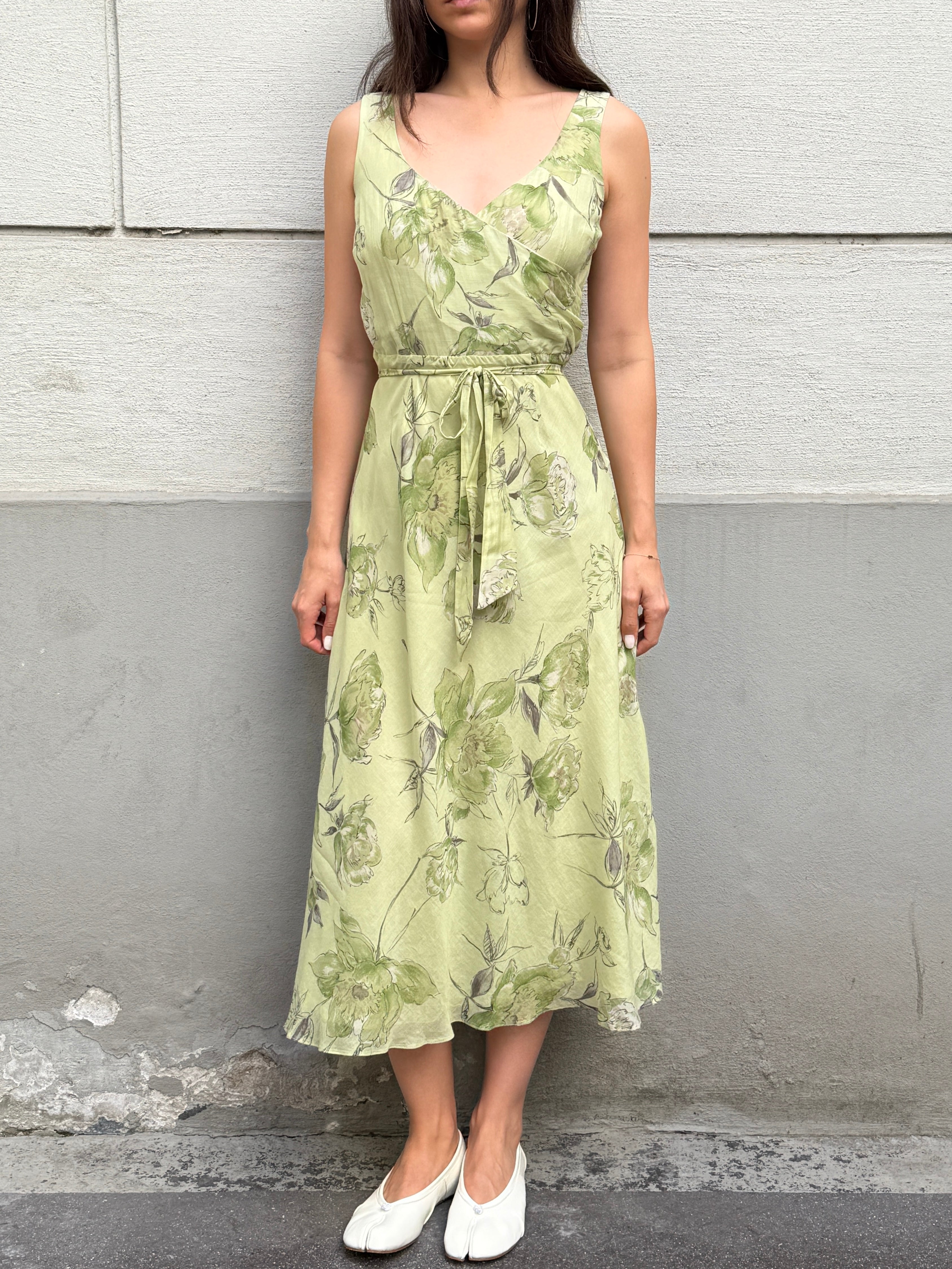 Vintage 100% Silk Green Pastel Print Midi Dress S/M