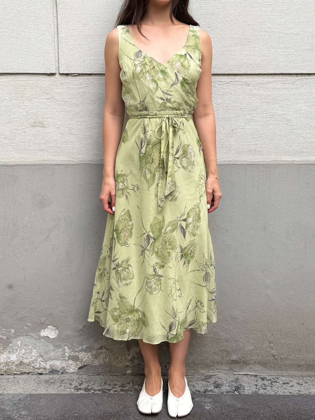 Vintage 100% Silk Green Pastel Print Midi Dress S/M