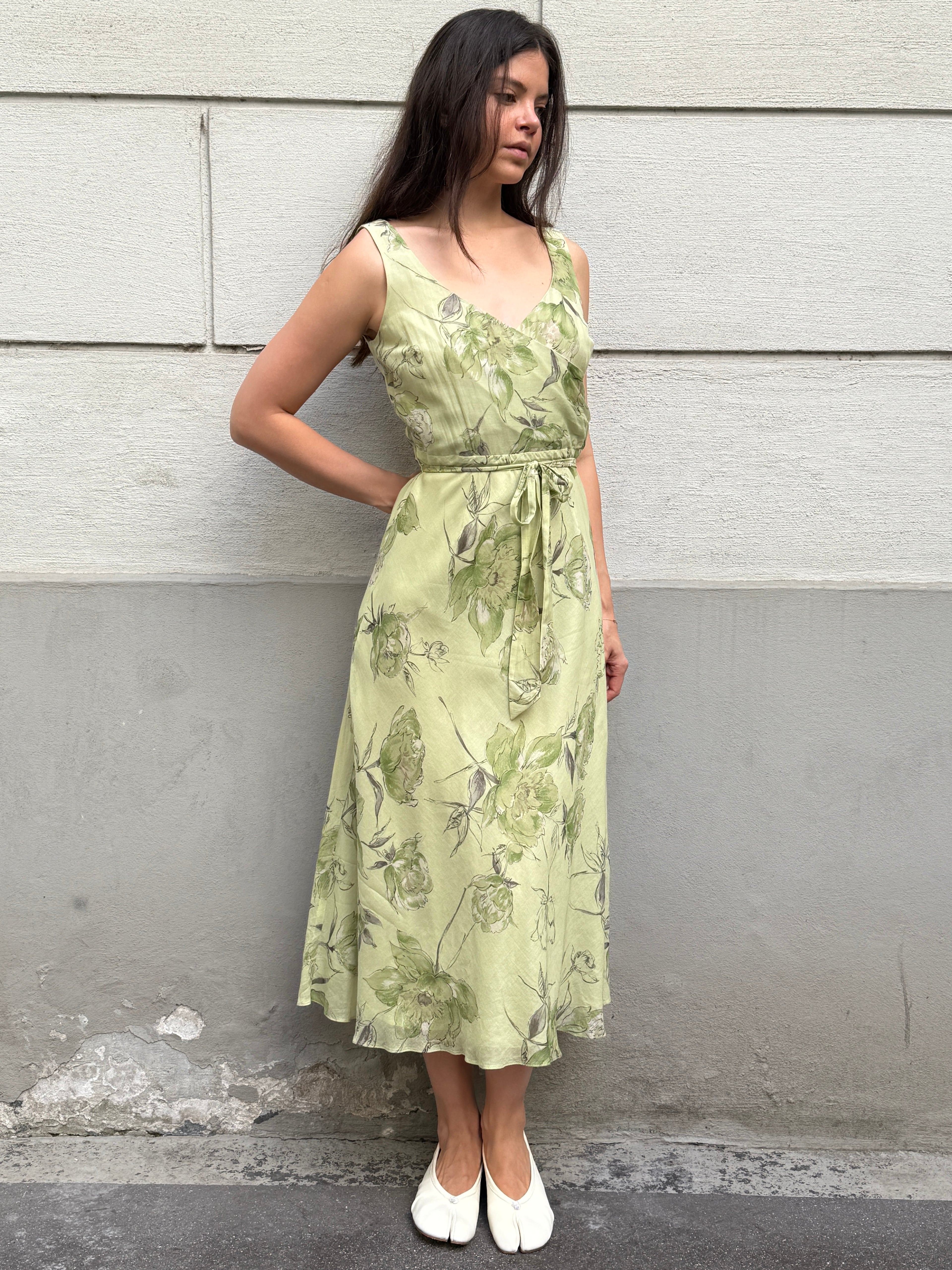 Vintage 100% Silk Green Pastel Print Midi Dress S/M
