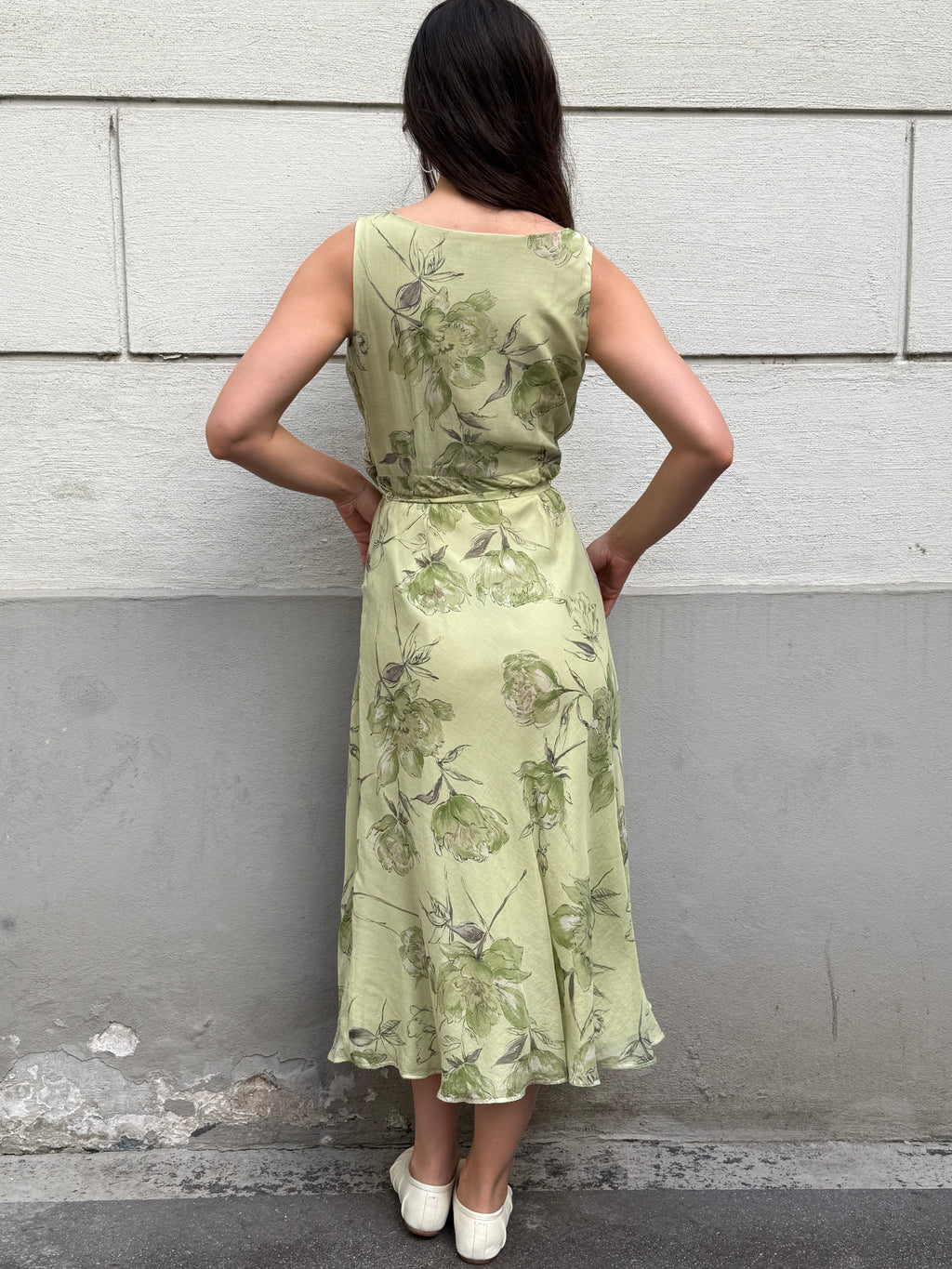 Vintage 100% Silk Green Pastel Print Midi Dress S/M
