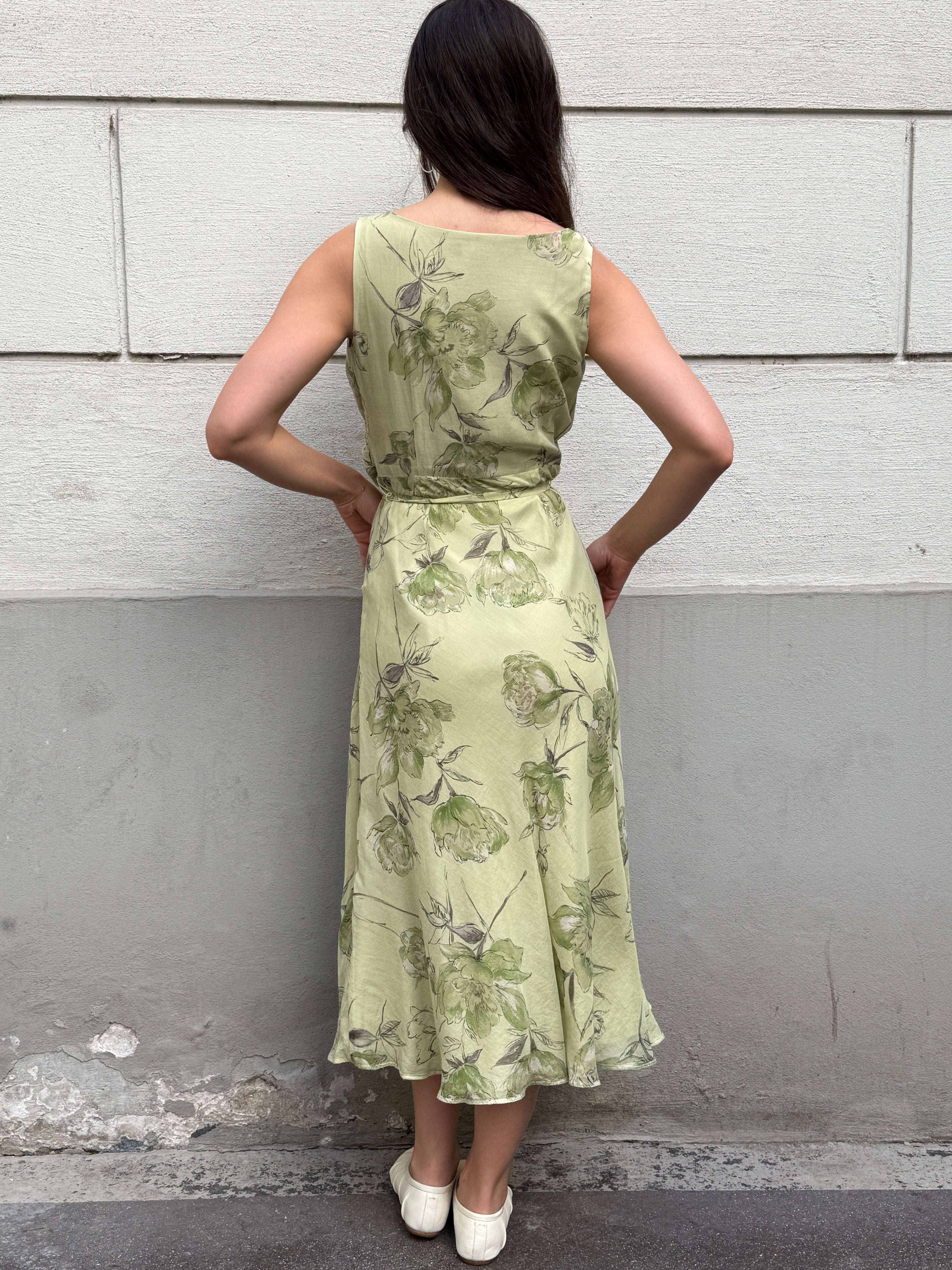 Vintage 100% Silk Green Pastel Print Midi Dress S/M