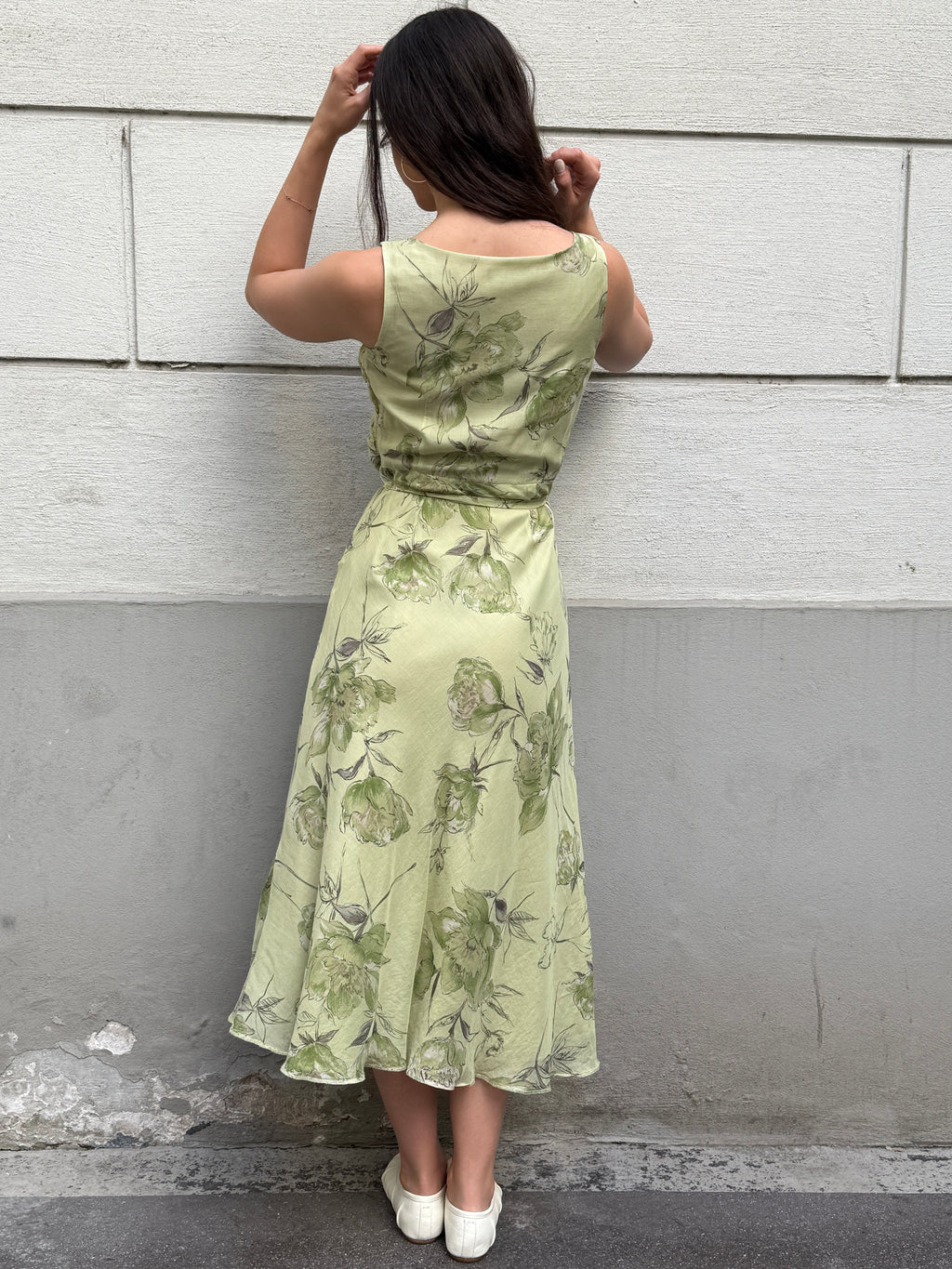 Vintage 100% Silk Green Pastel Print Midi Dress S/M
