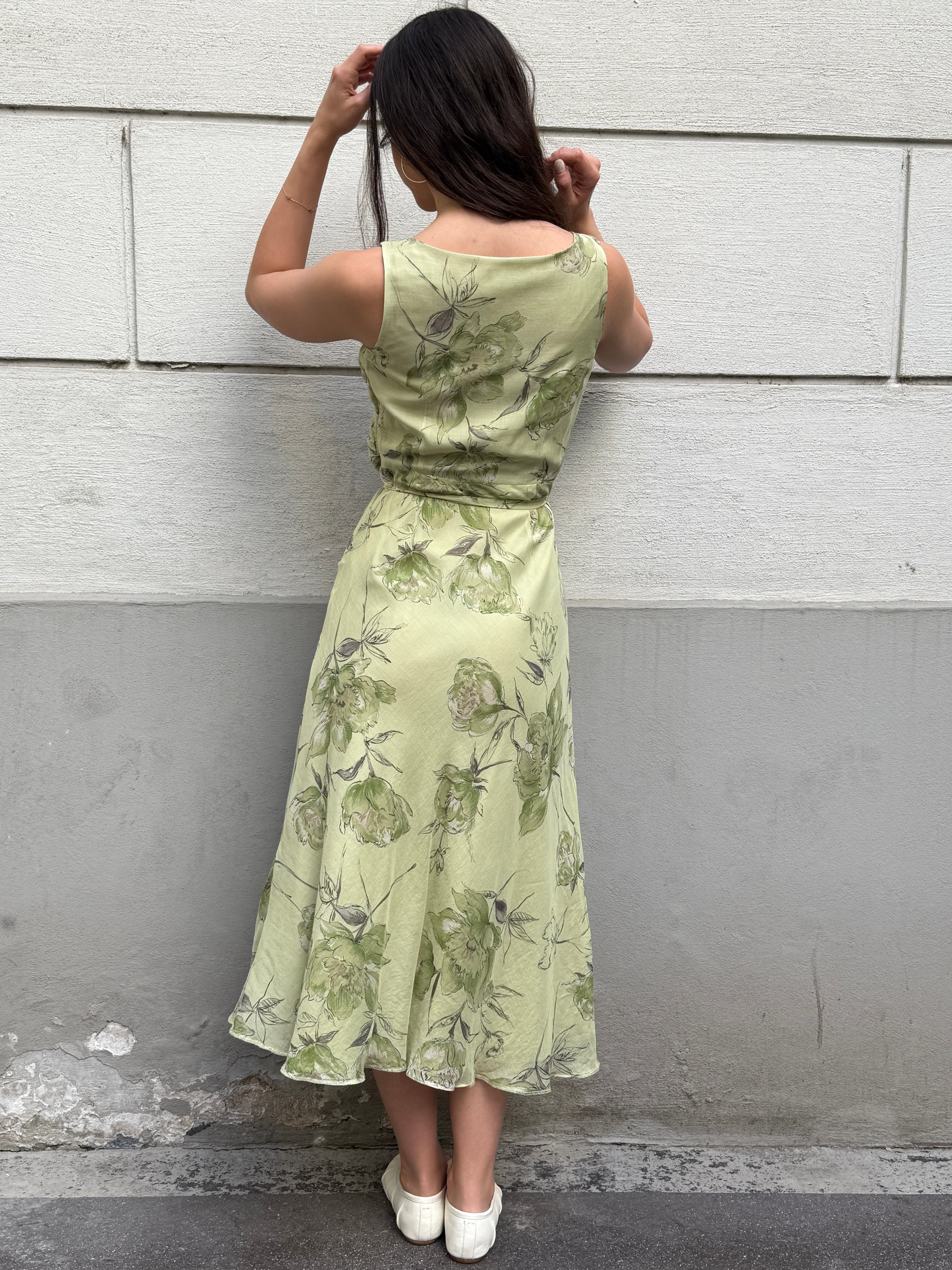 Vintage 100% Silk Green Pastel Print Midi Dress S/M