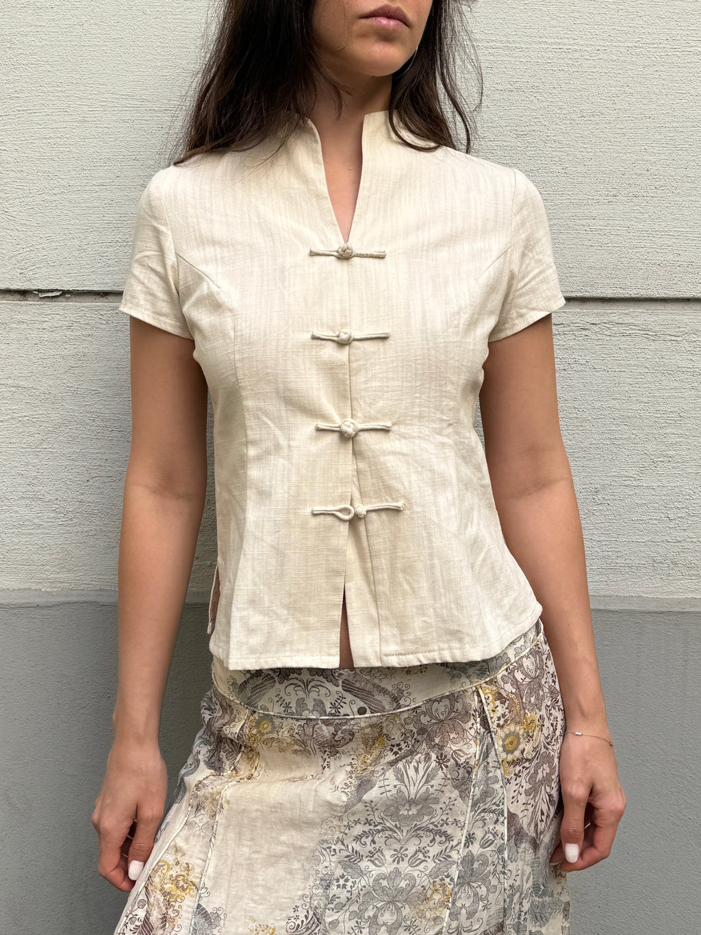 Vintage Linen Blend Asian Frog Clasp Top S