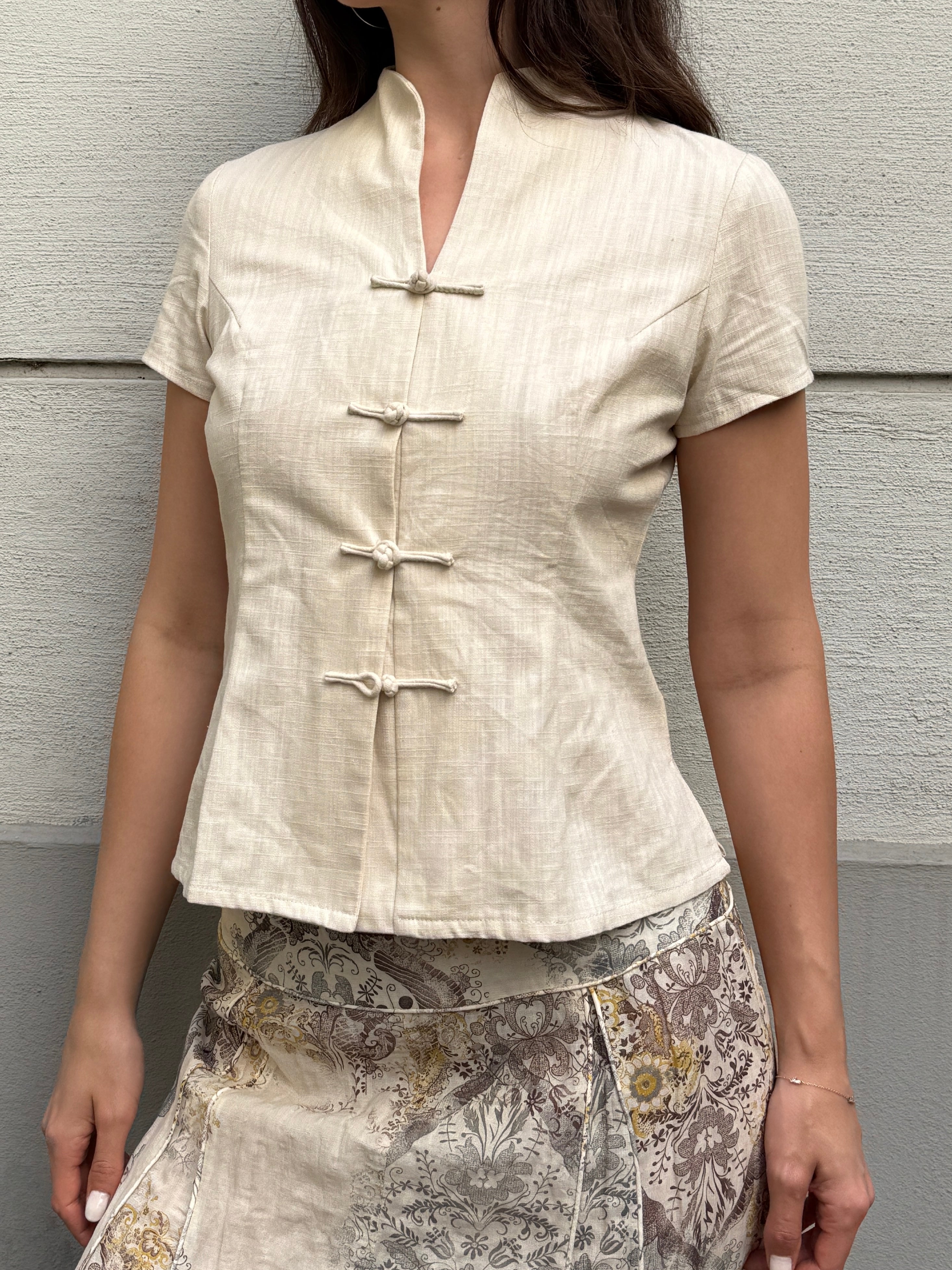 Vintage Linen Blend Asian Frog Clasp Top S