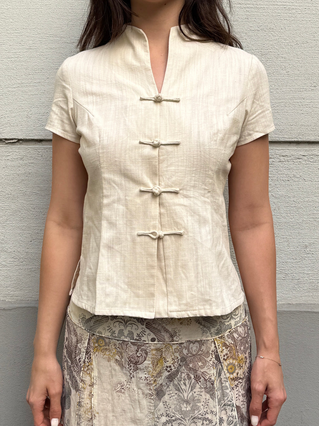 Vintage Linen Blend Asian Frog Clasp Top S