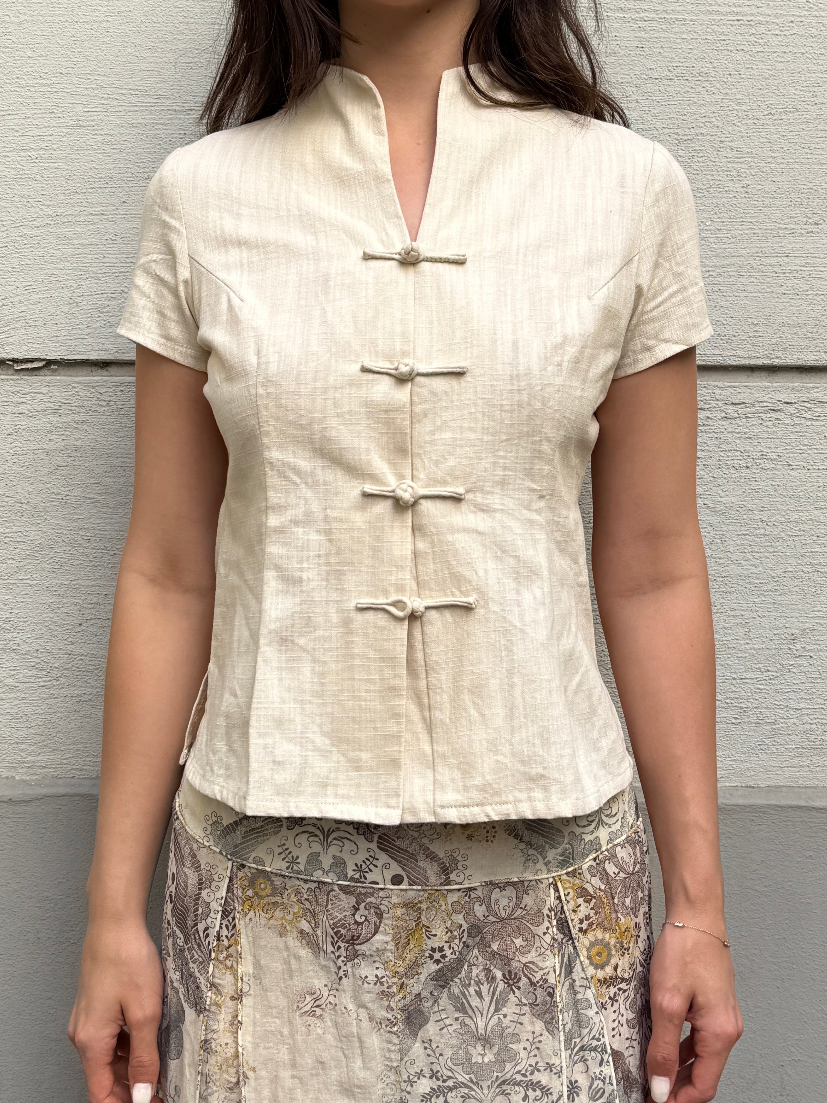 Vintage Linen Blend Asian Frog Clasp Top S