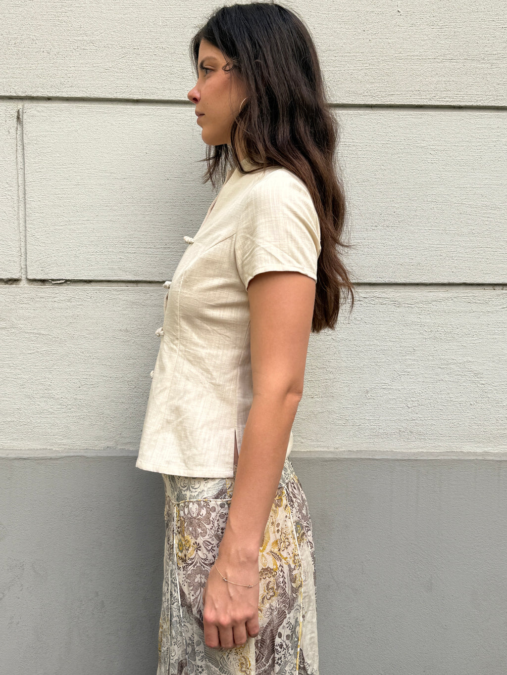 Vintage Linen Blend Asian Frog Clasp Top S