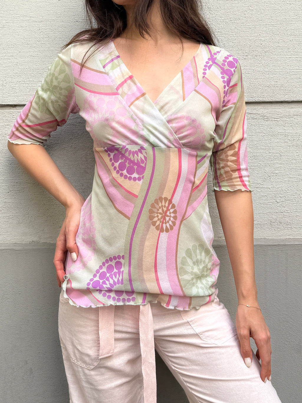 Vintage Y2K Pastel Mesh V-Neck Top S