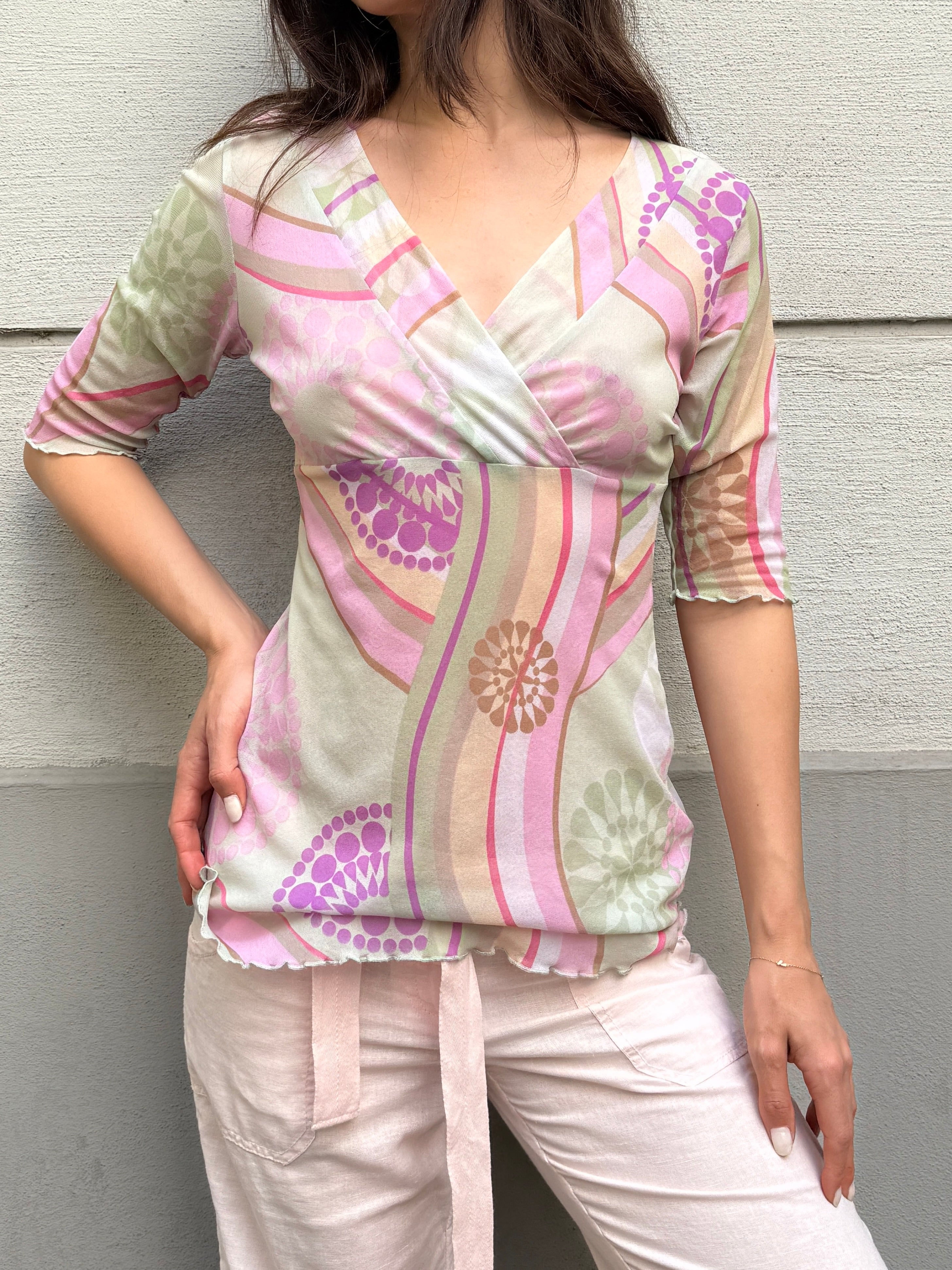Vintage Y2K Pastel Mesh V-Neck Top S