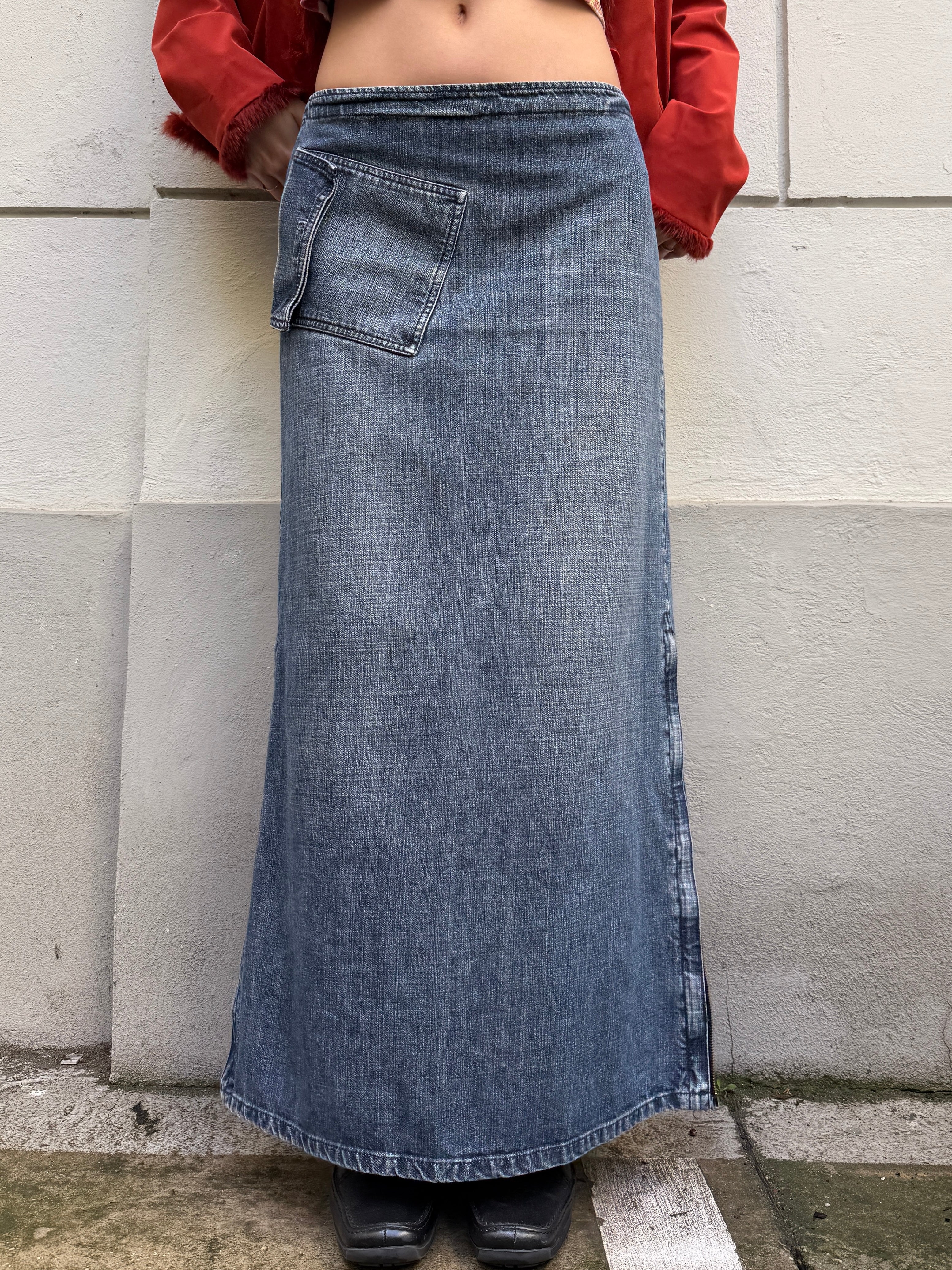 Vintage Denim Cotton Size Zipper Maxi Skirt S/M
