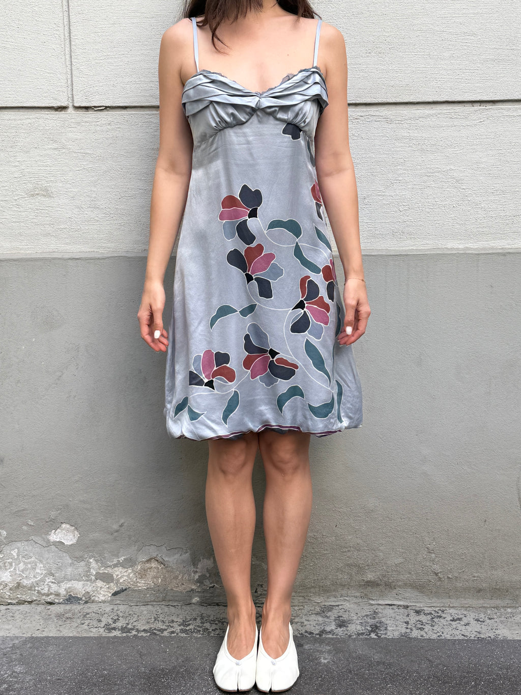 Vintage 100% Silk Light Blue Floral Mini Dress M