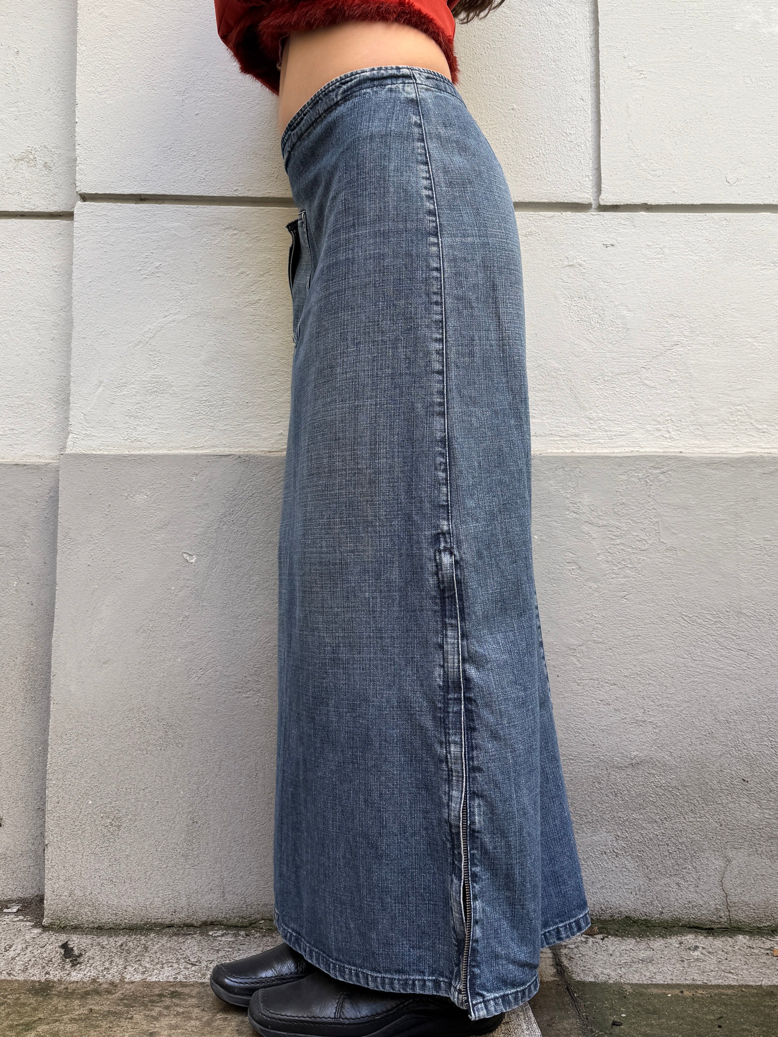Vintage Denim Cotton Size Zipper Maxi Skirt S/M