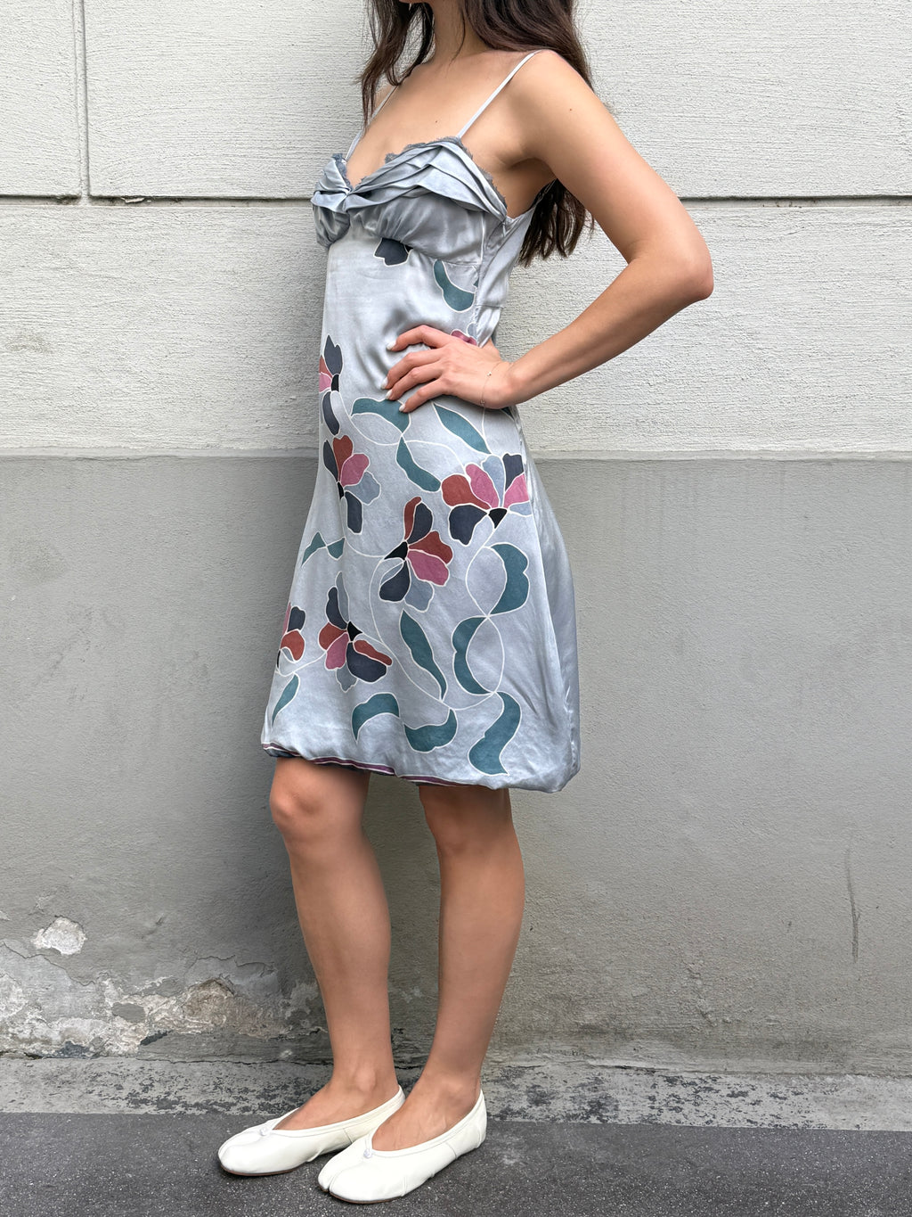 Vintage 100% Silk Light Blue Floral Mini Dress M