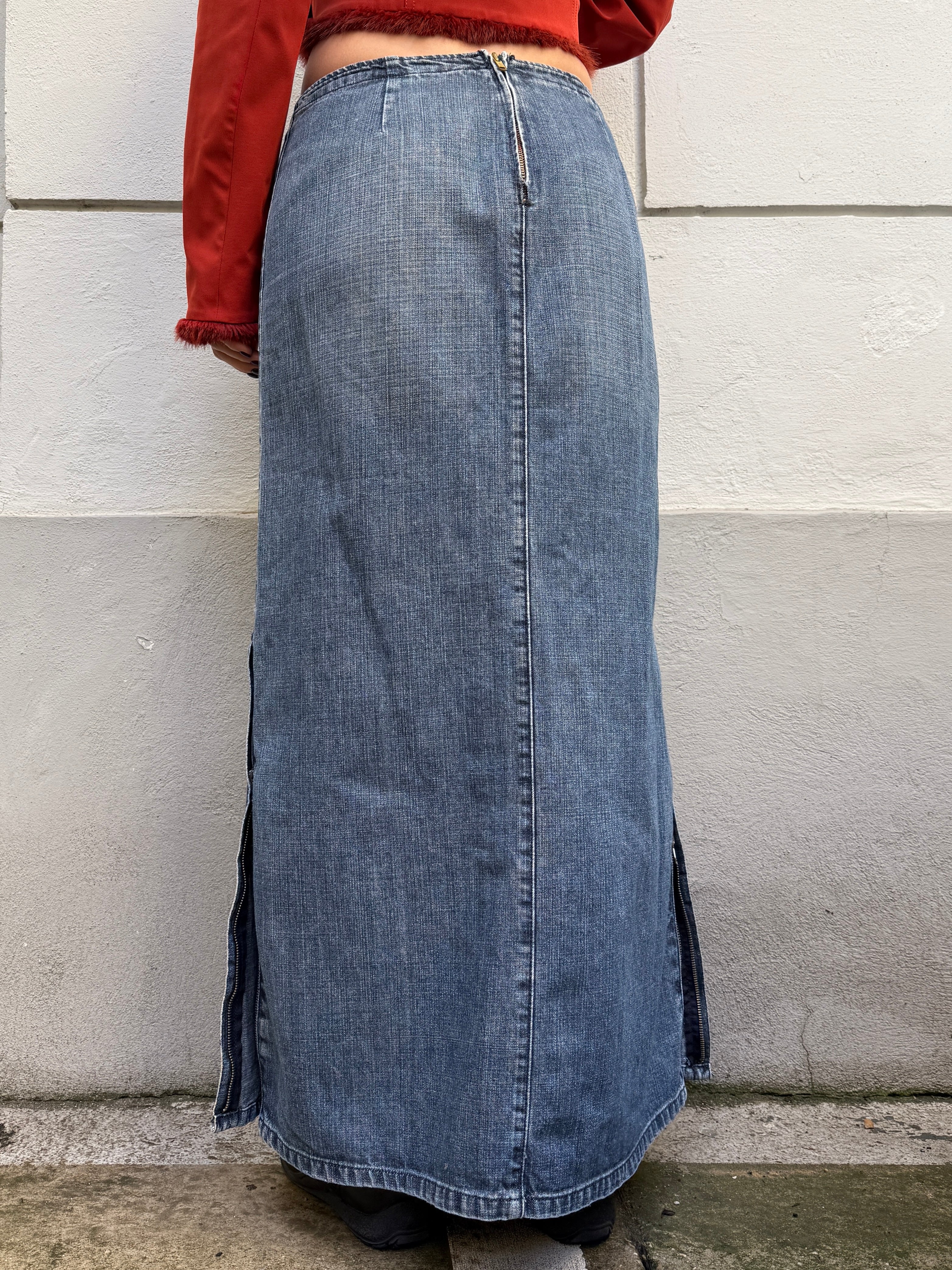 Vintage Denim Cotton Size Zipper Maxi Skirt S/M
