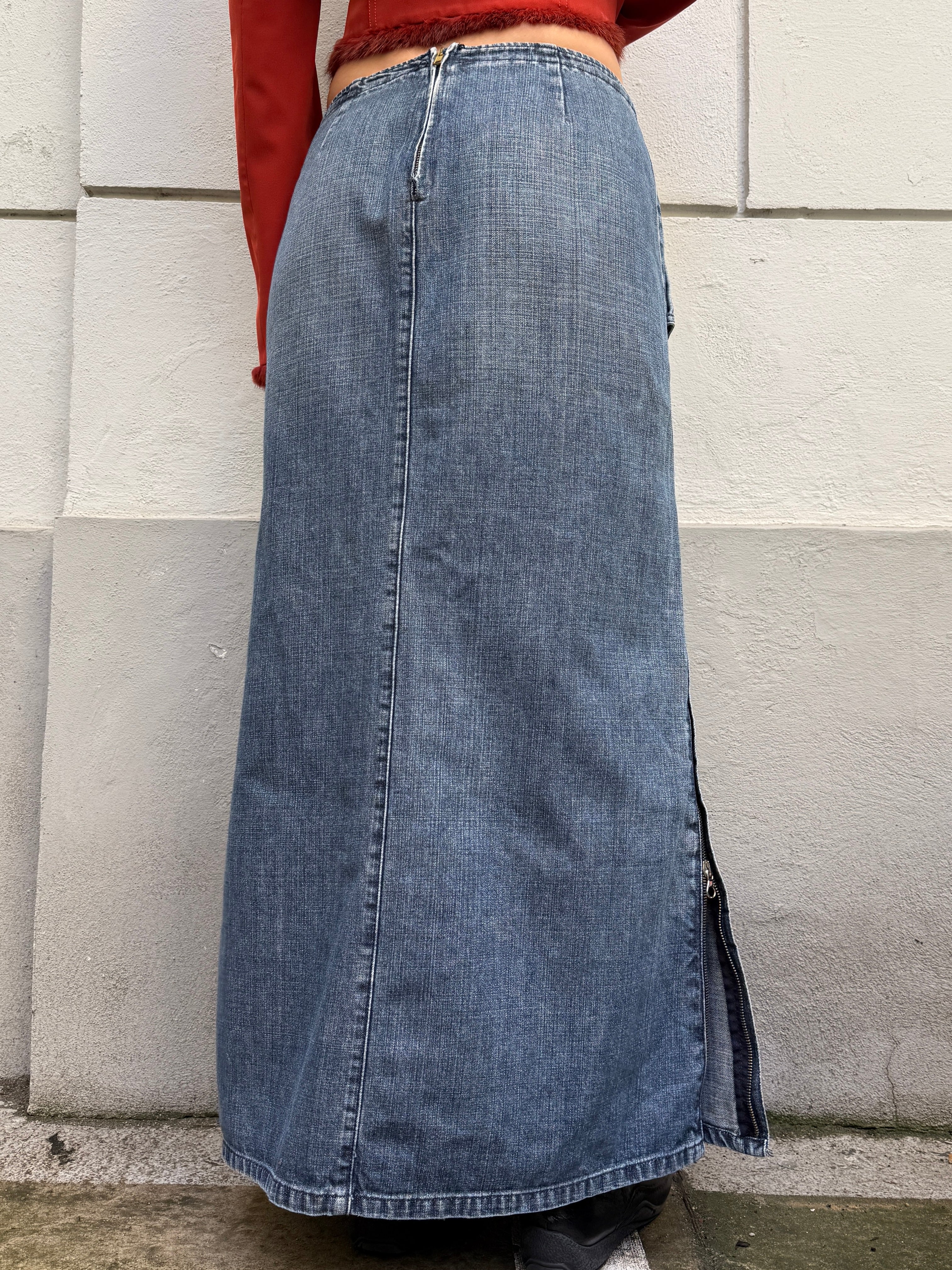 Vintage Denim Cotton Size Zipper Maxi Skirt S/M