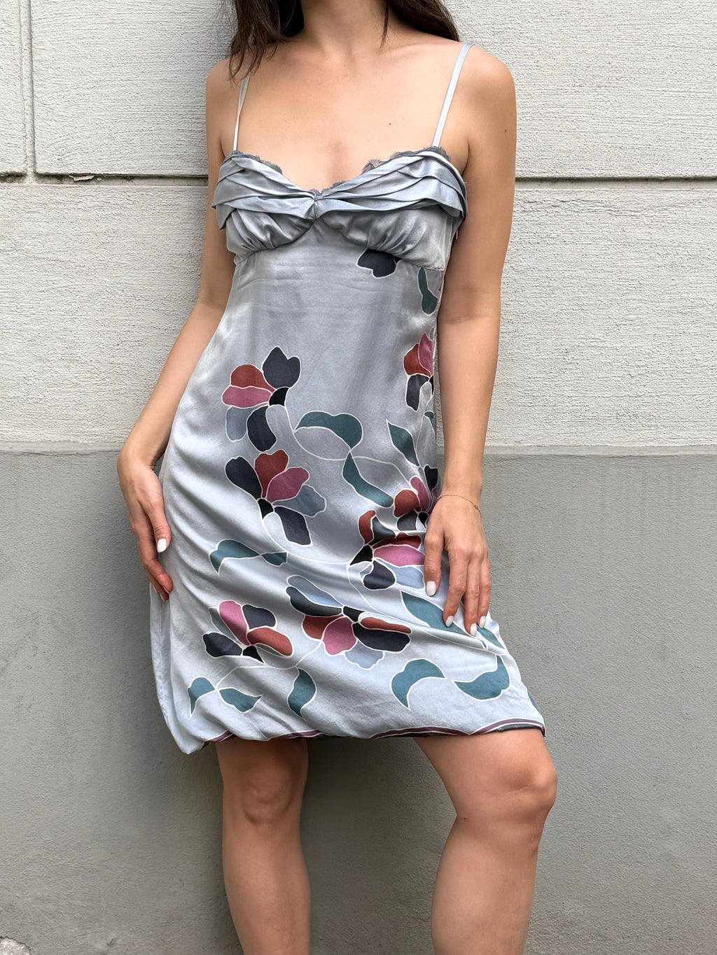 Vintage 100% Silk Light Blue Floral Mini Dress M