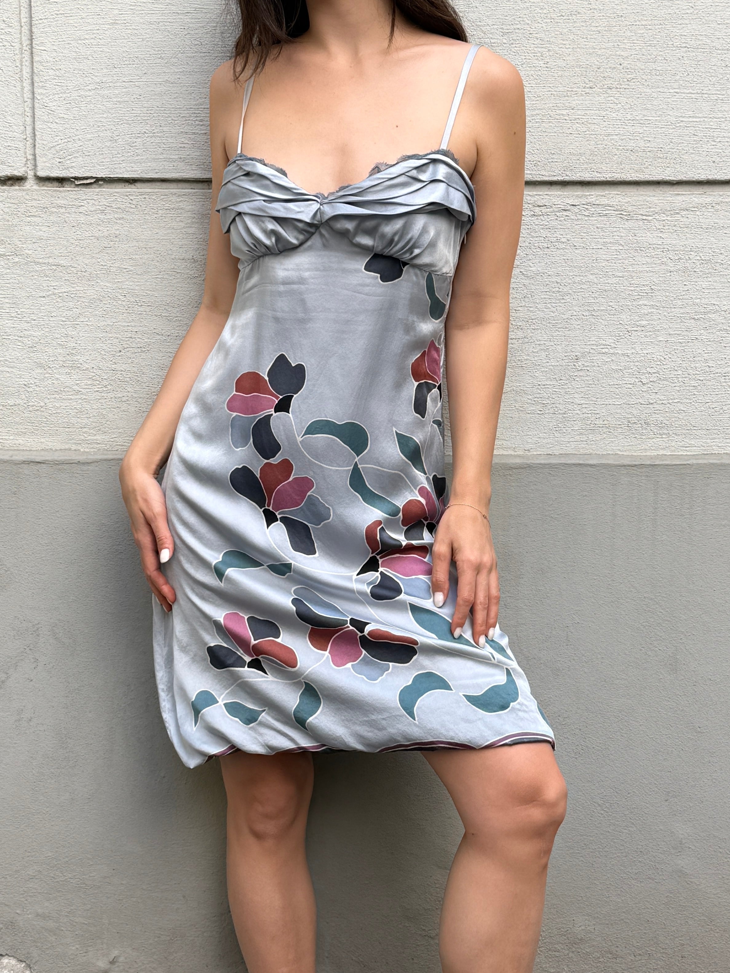 Vintage 100% Silk Light Blue Floral Mini Dress M