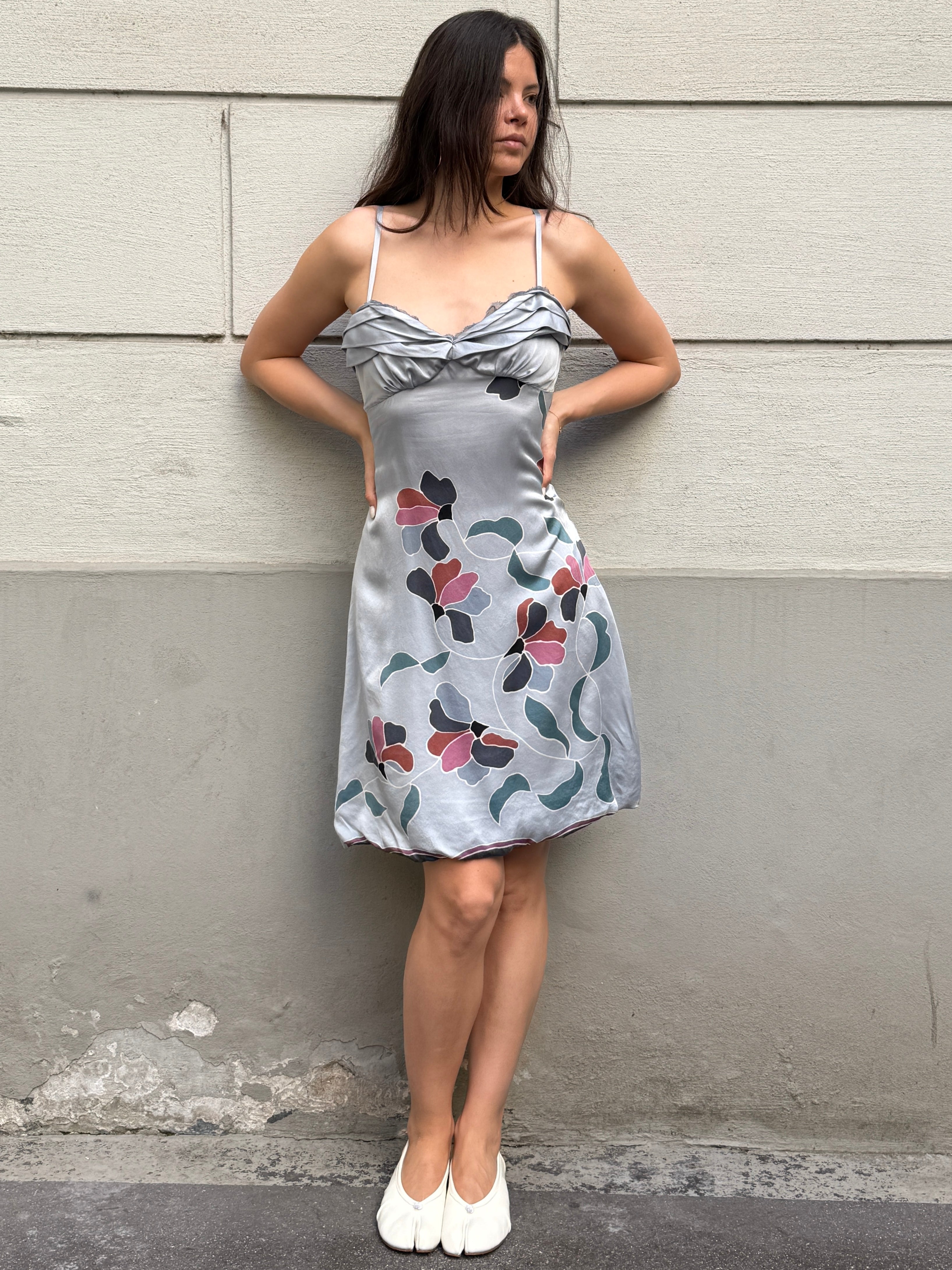 Vintage 100% Silk Light Blue Floral Mini Dress M