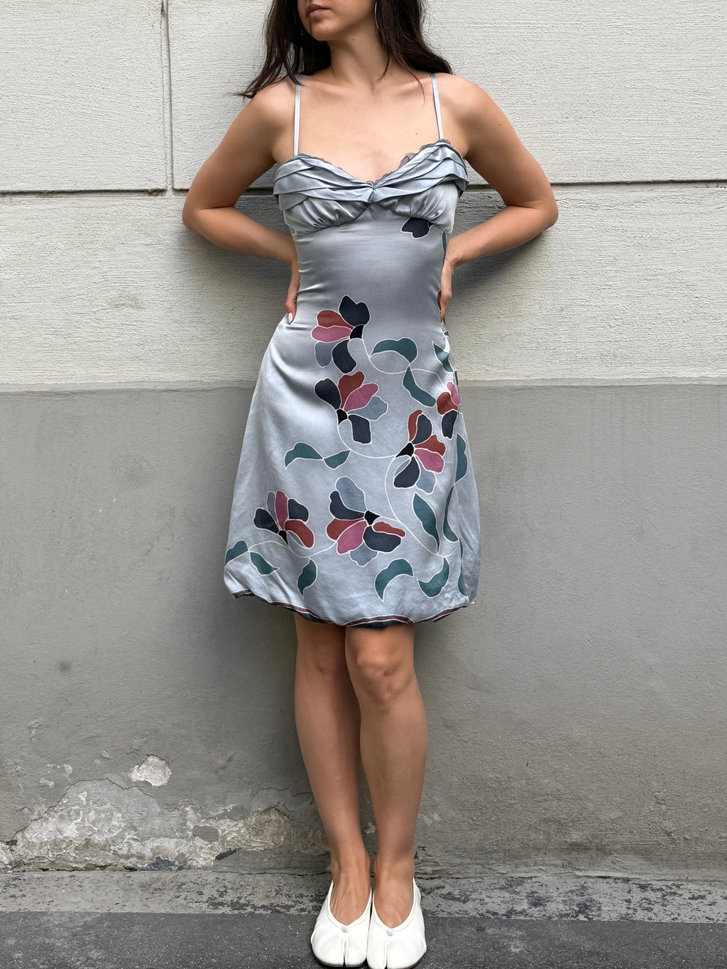 Vintage 100% Silk Light Blue Floral Mini Dress M