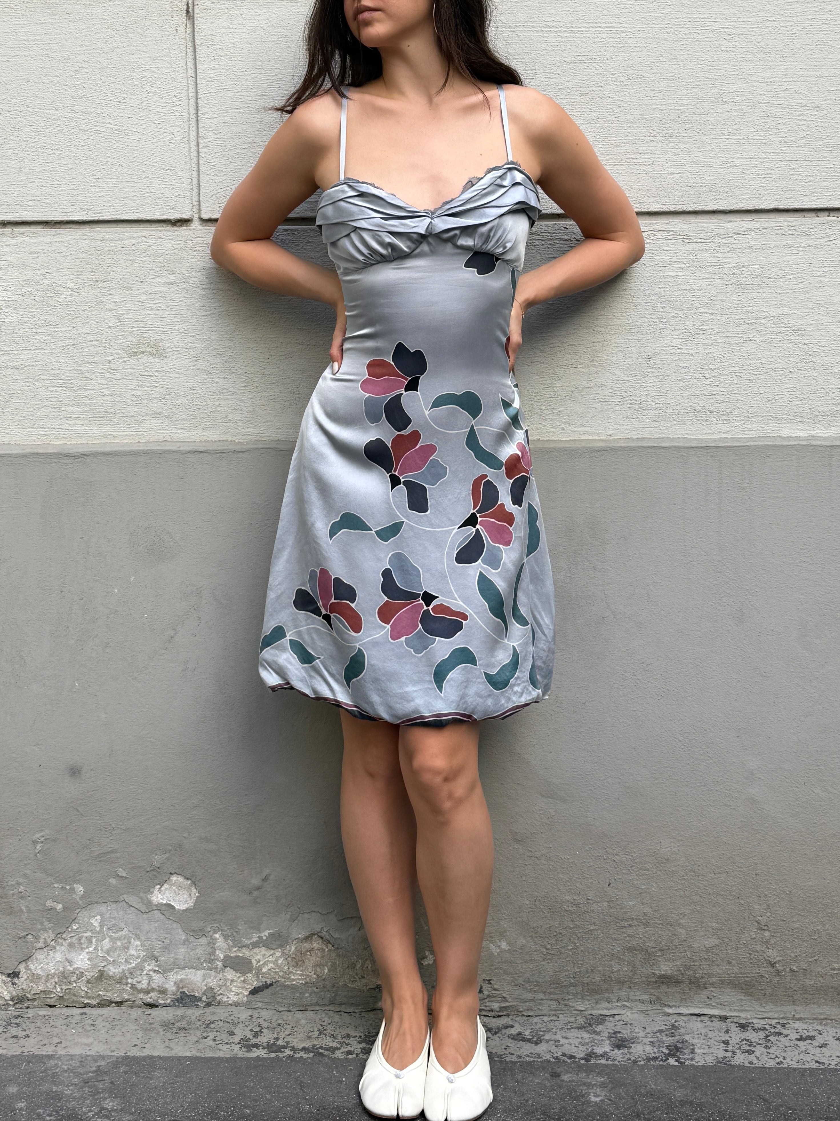 Vintage 100% Silk Light Blue Floral Mini Dress M