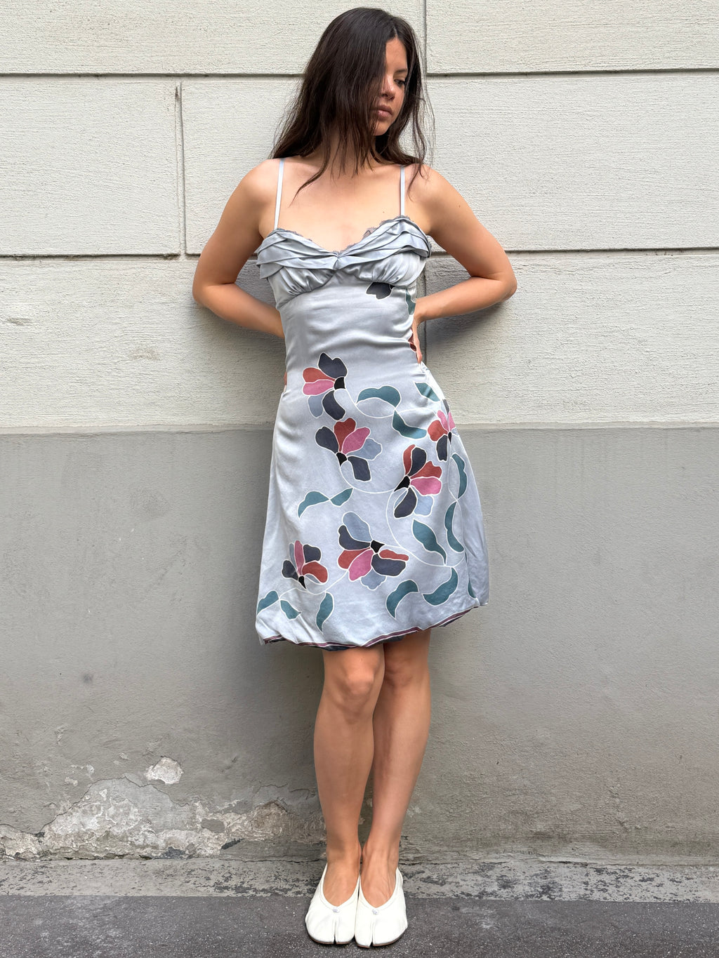 Vintage 100% Silk Light Blue Floral Mini Dress M