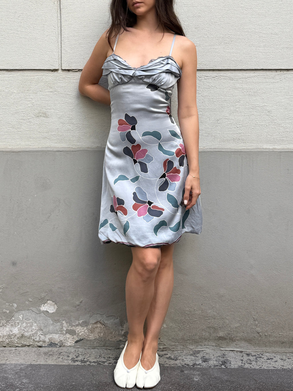 Vintage 100% Silk Light Blue Floral Mini Dress M